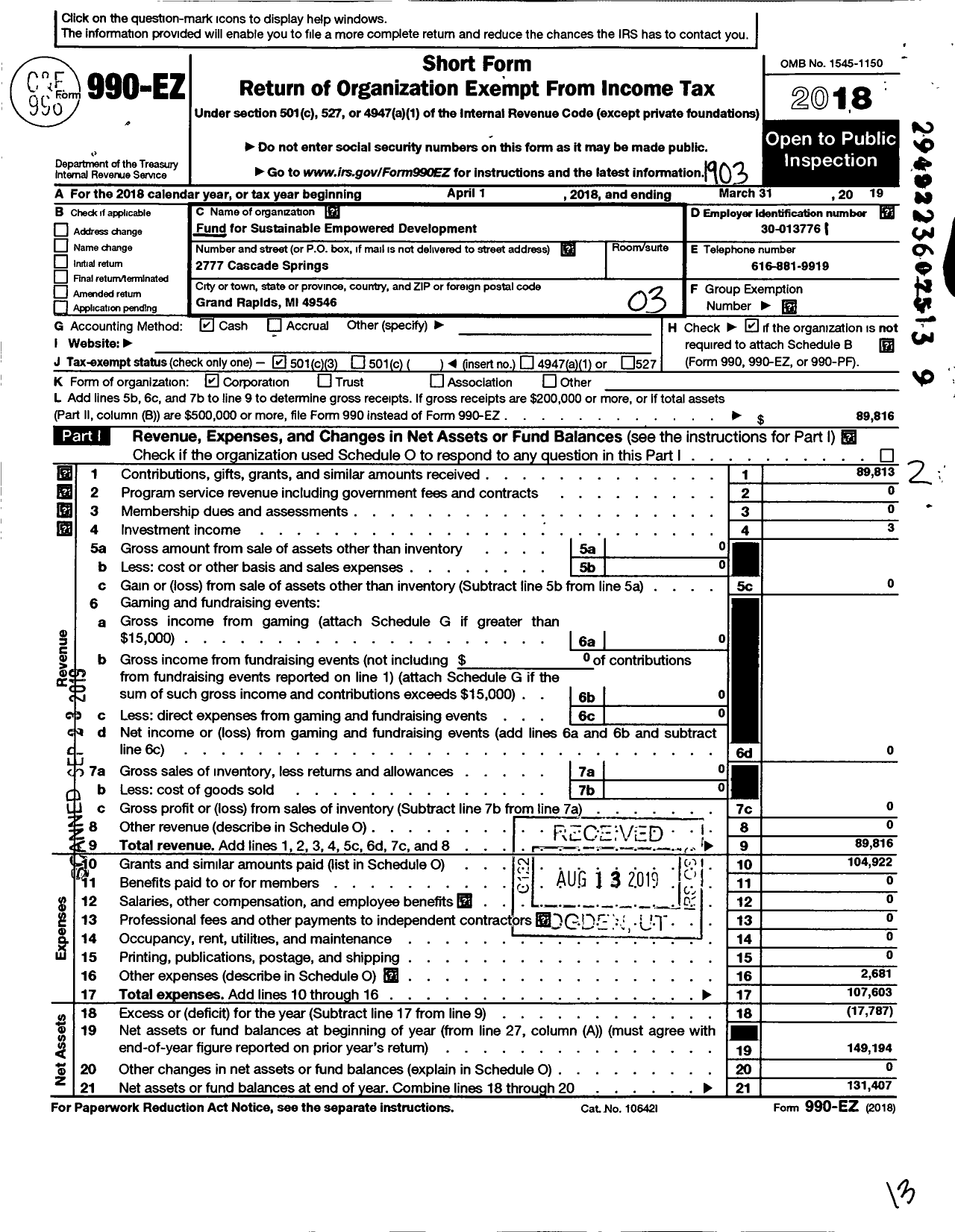 Image of first page of 2018 Form 990EZ for Fund for Sustainable Empowered Development