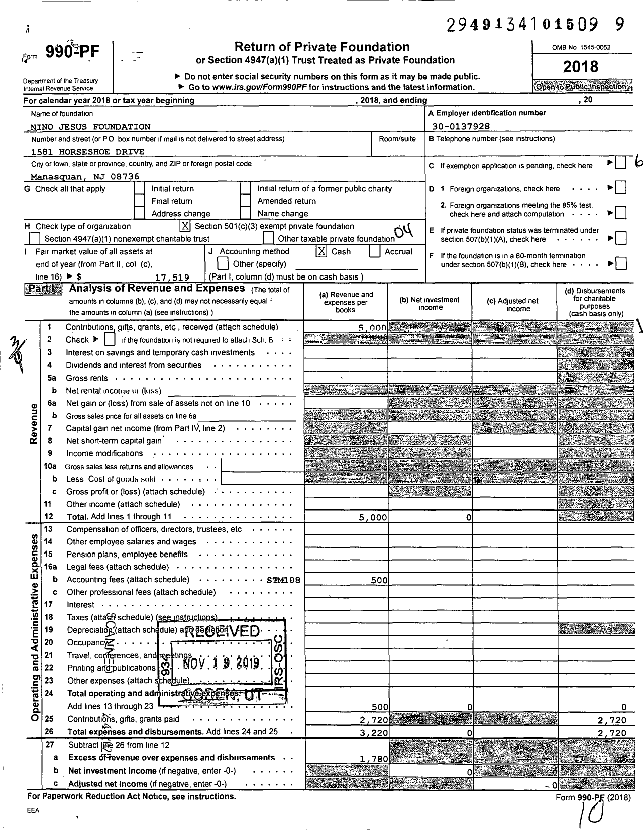 Image of first page of 2018 Form 990PF for Nino Jesus Foundation