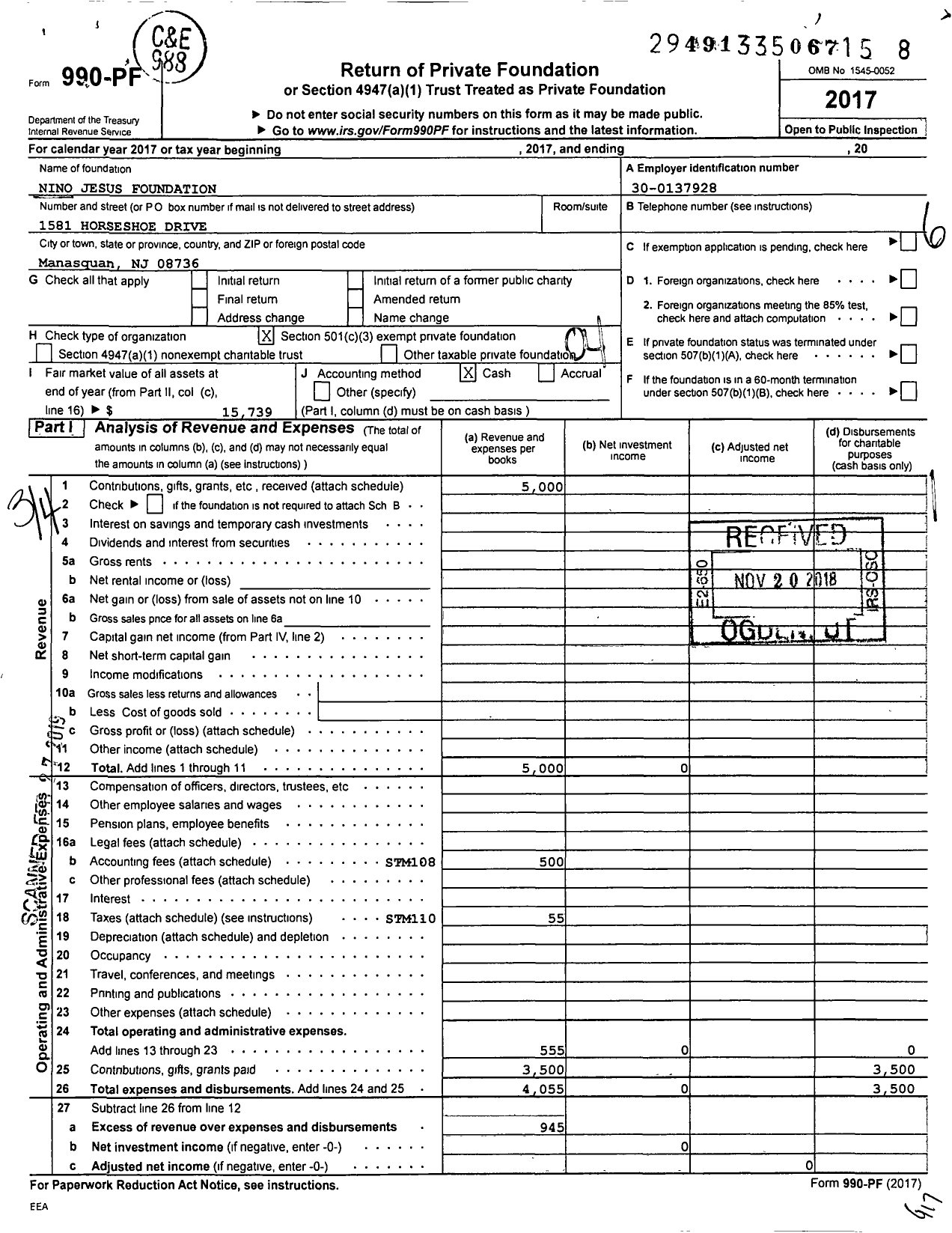 Image of first page of 2017 Form 990PF for Nino Jesus Foundation