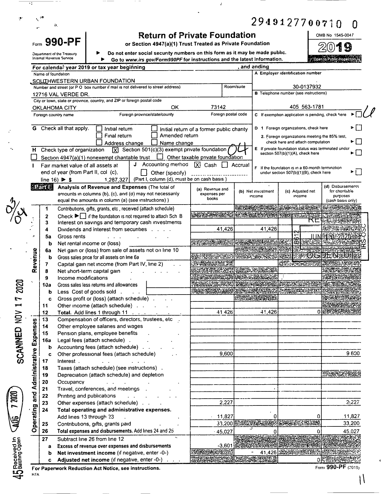 Image of first page of 2019 Form 990PF for Southwestern Urban Foundation