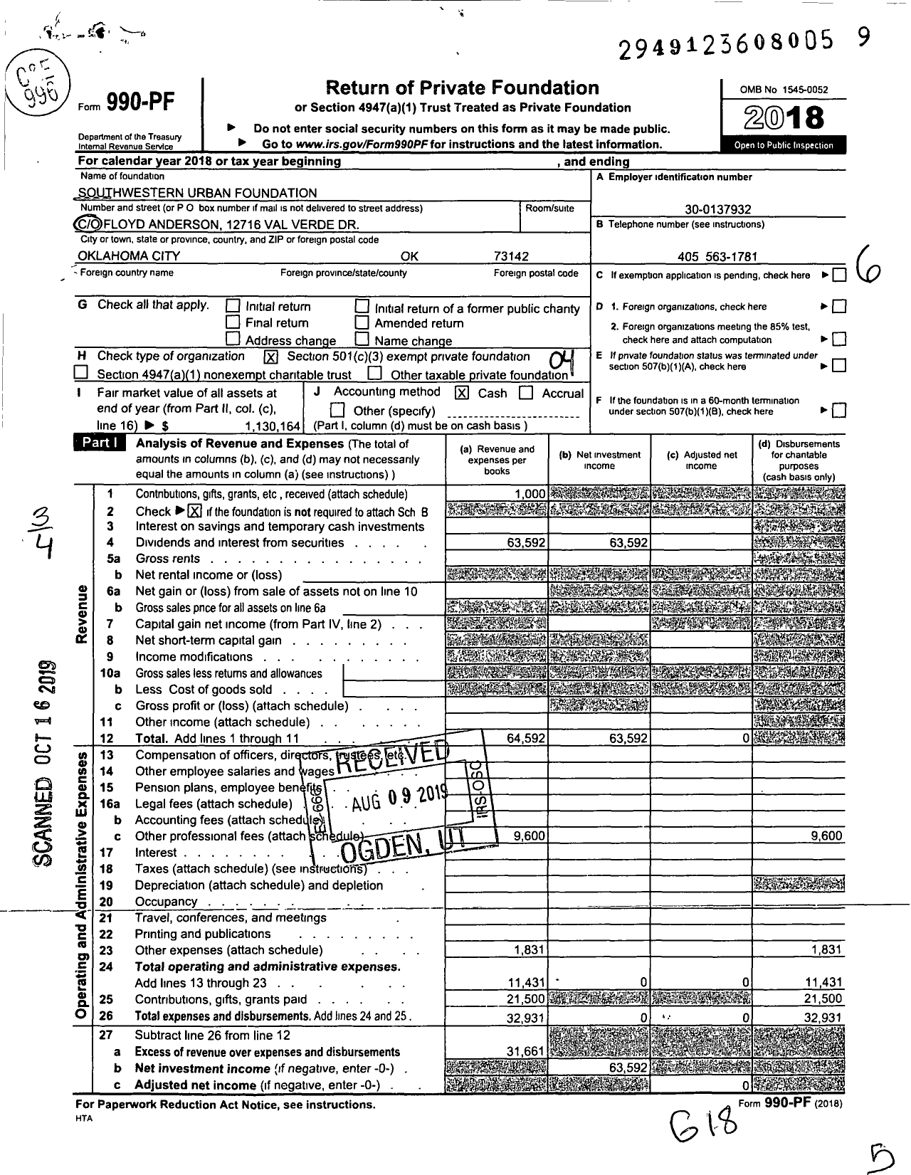 Image of first page of 2018 Form 990PF for Southwestern Urban Foundation