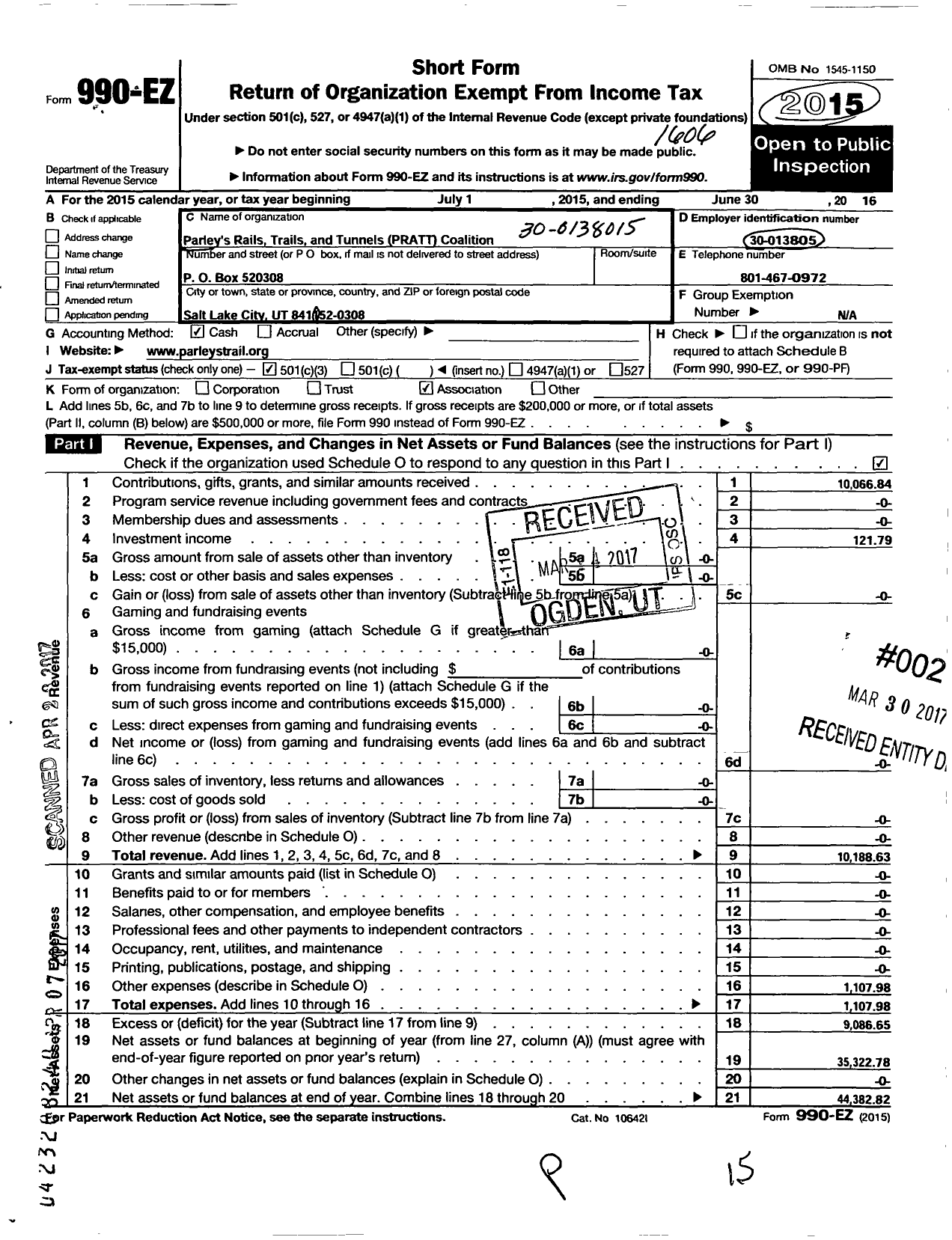 Image of first page of 2015 Form 990EZ for Parleys Rails Trails and Tunnels Coalition