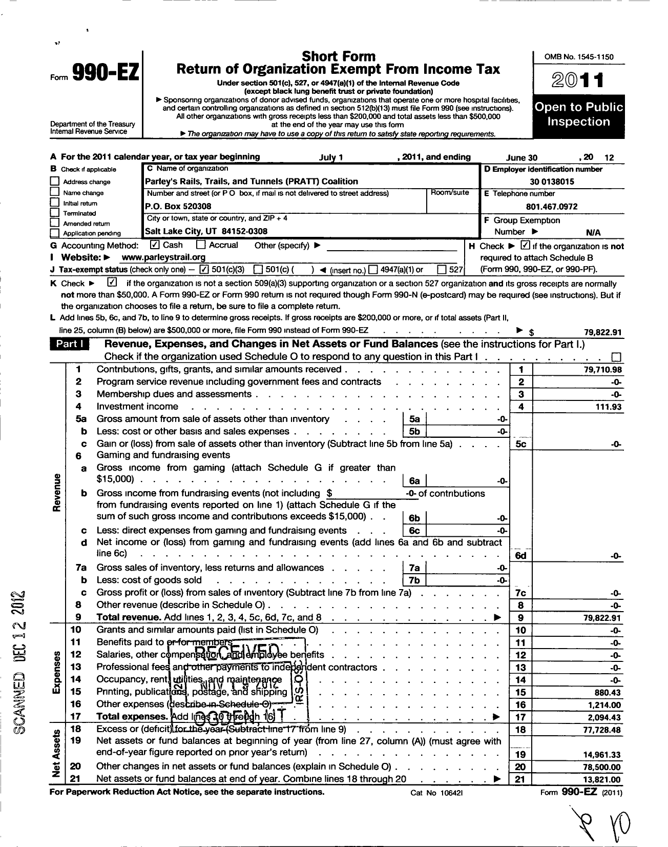Image of first page of 2011 Form 990EZ for Parleys Rails Trails and Tunnels Pratt Coalition