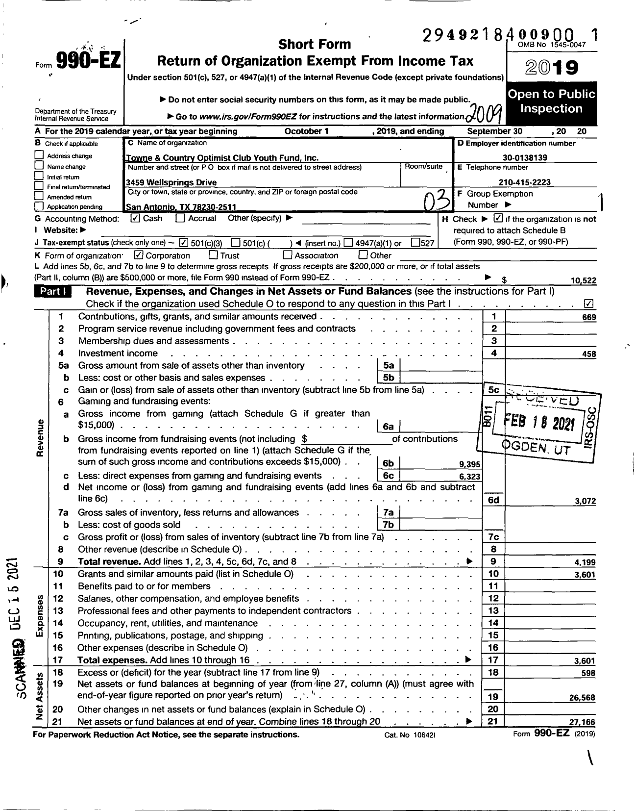 Image of first page of 2019 Form 990EZ for Towne and Country Optimist Club Youth Fund