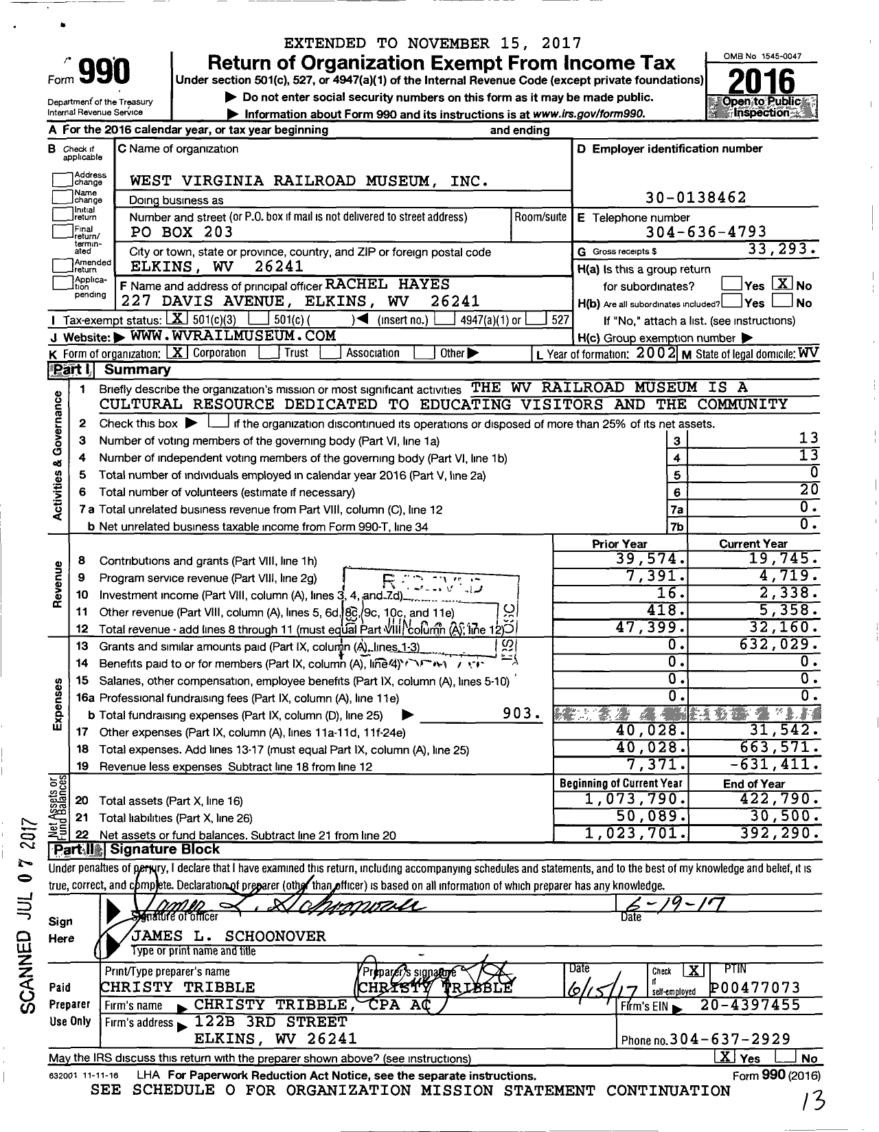 Image of first page of 2016 Form 990 for The West Virginia Railroad Museum