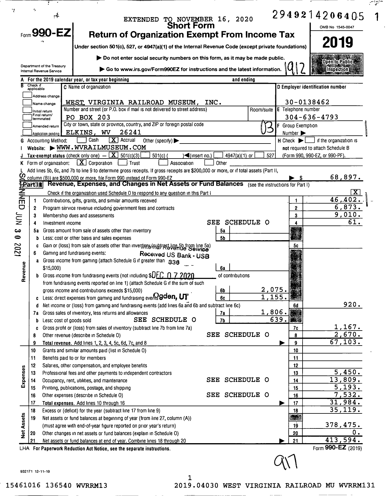Image of first page of 2019 Form 990EZ for The West Virginia Railroad Museum