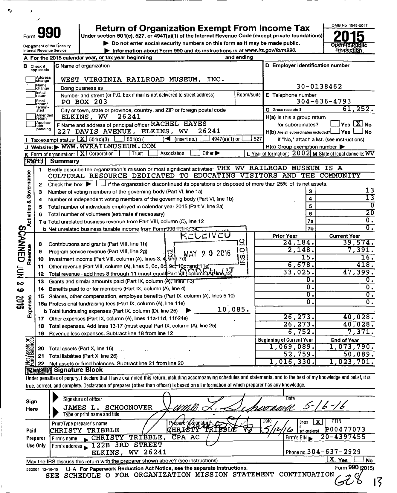 Image of first page of 2015 Form 990 for The West Virginia Railroad Museum