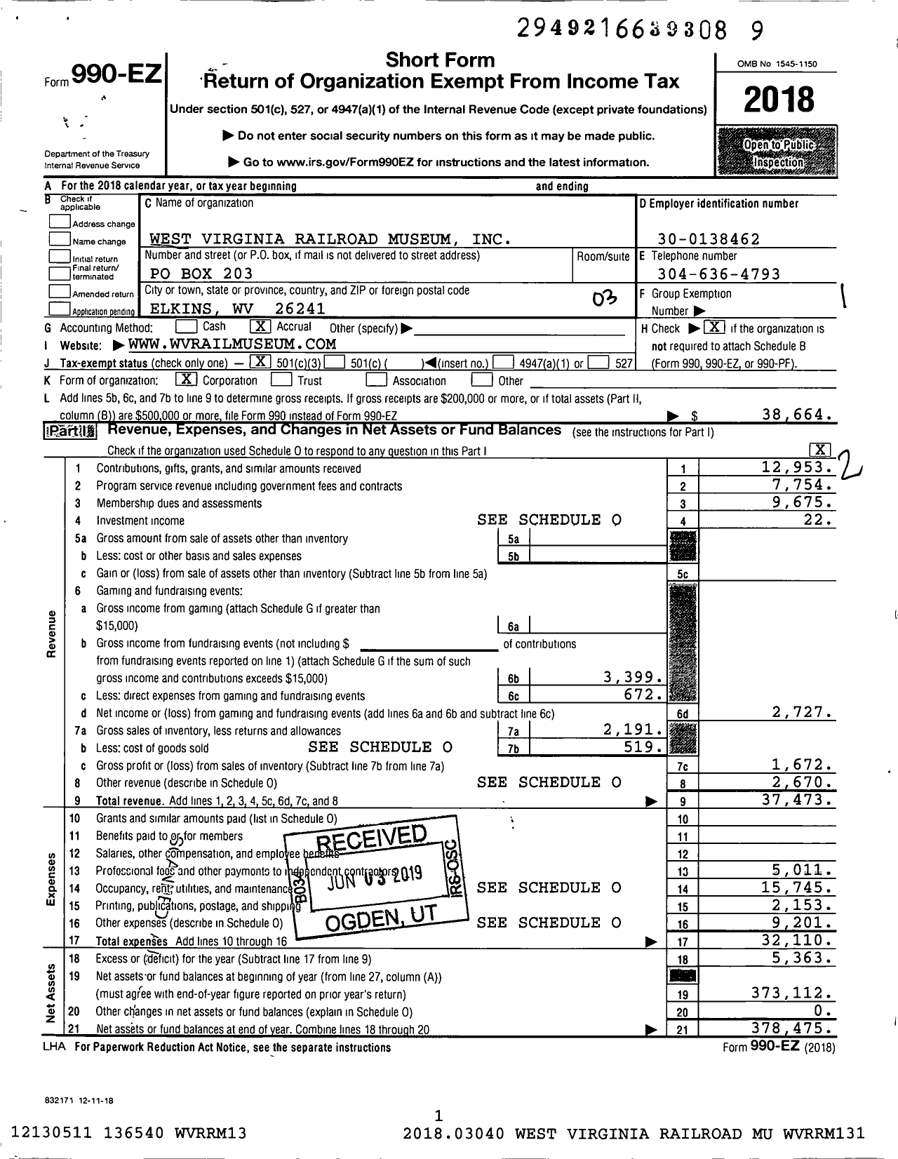 Image of first page of 2018 Form 990EZ for The West Virginia Railroad Museum