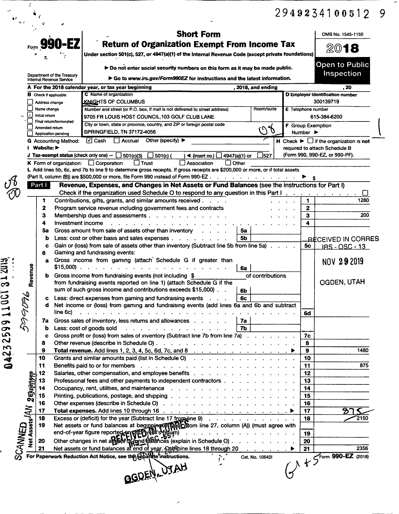 Image of first page of 2018 Form 990EO for Knights of Columbus - 9705 FR Louis Host Council