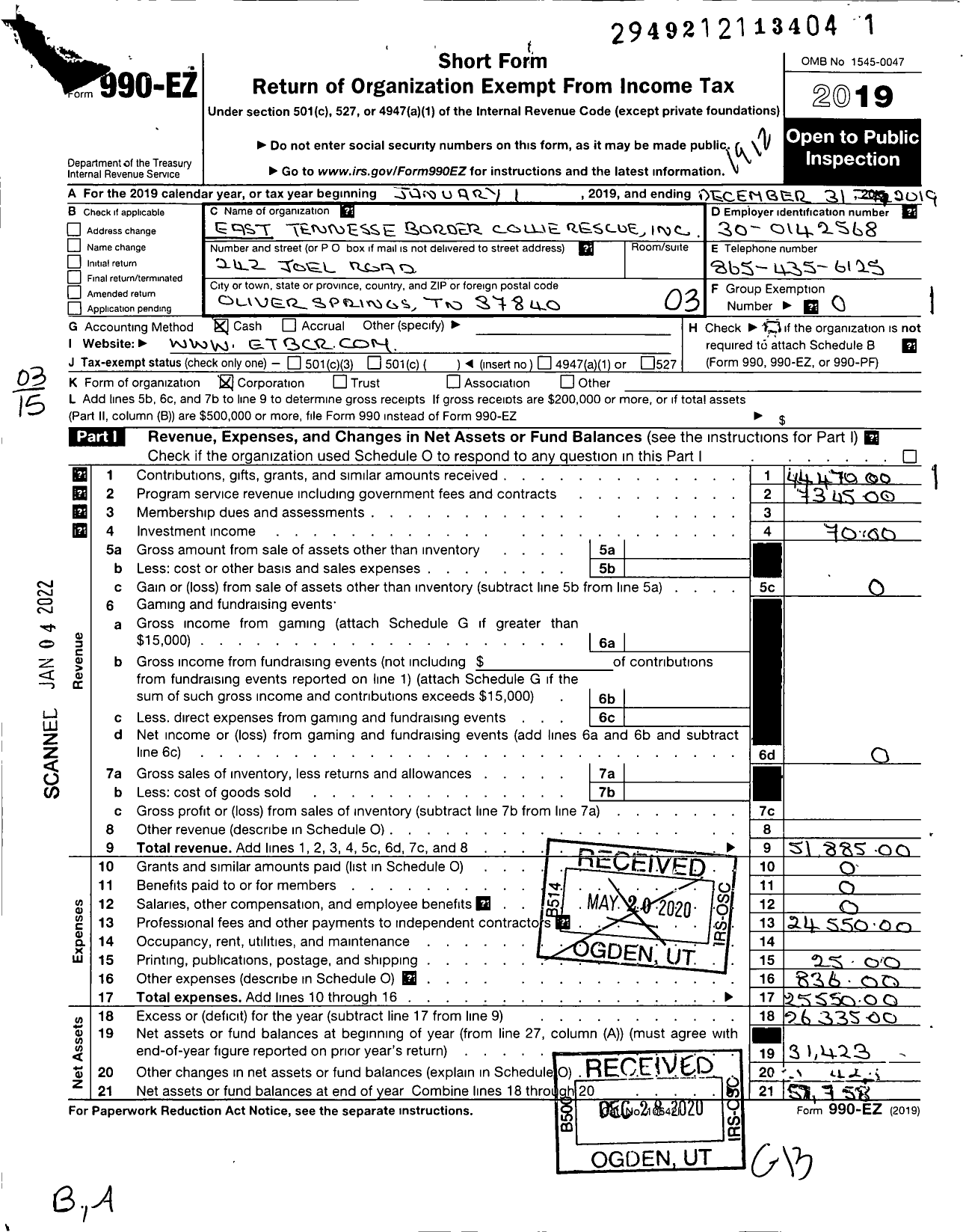 Image of first page of 2019 Form 990EZ for East Tennessee Border Collie Rescue