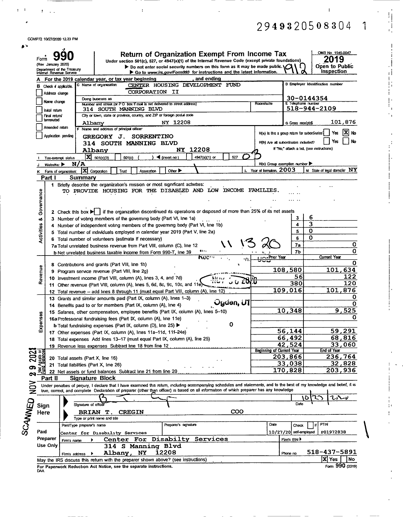 Image of first page of 2019 Form 990 for Center Housing Development Fund Corporation Ii