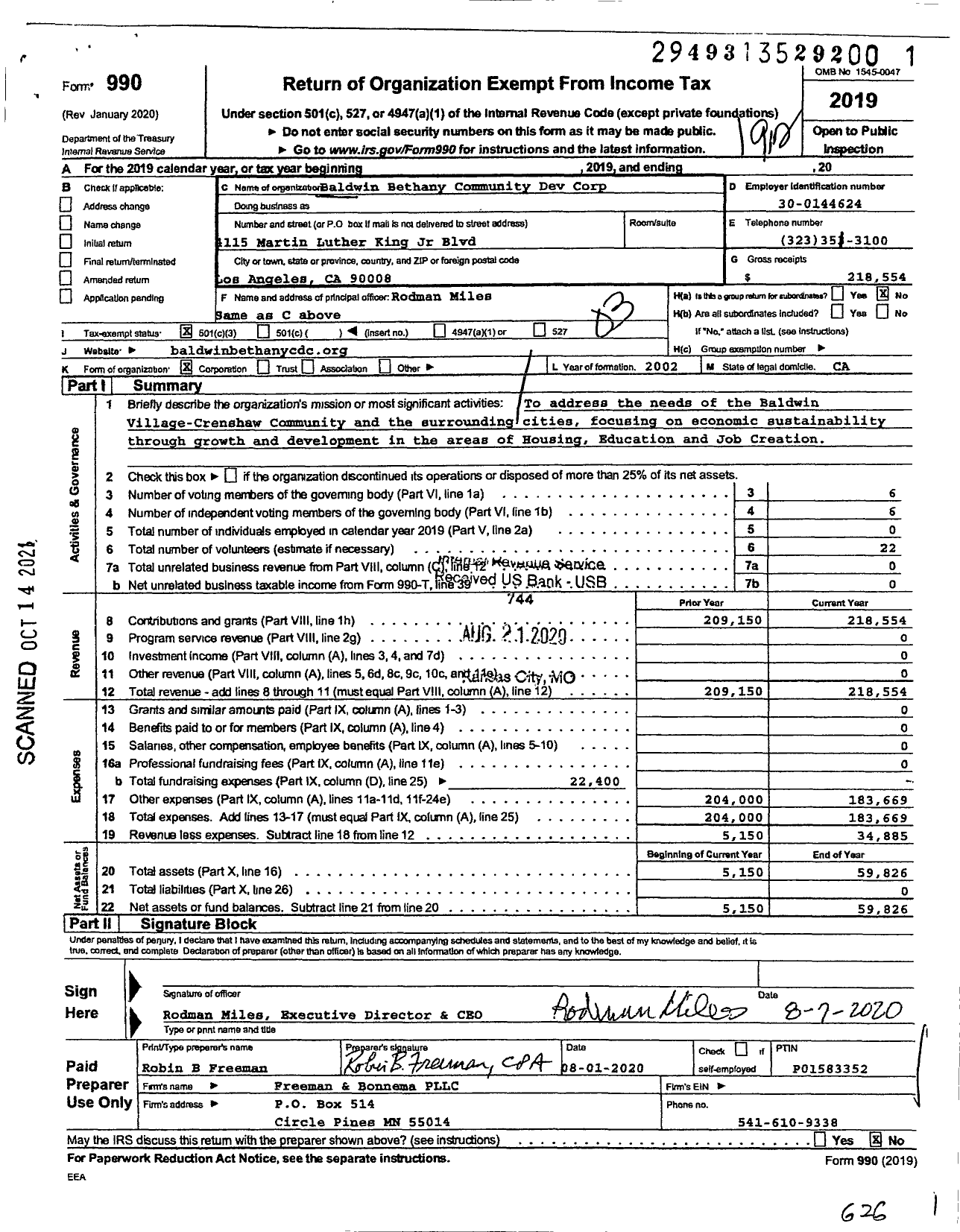 Image of first page of 2019 Form 990 for Baldwin Bethany Community Dev Corp