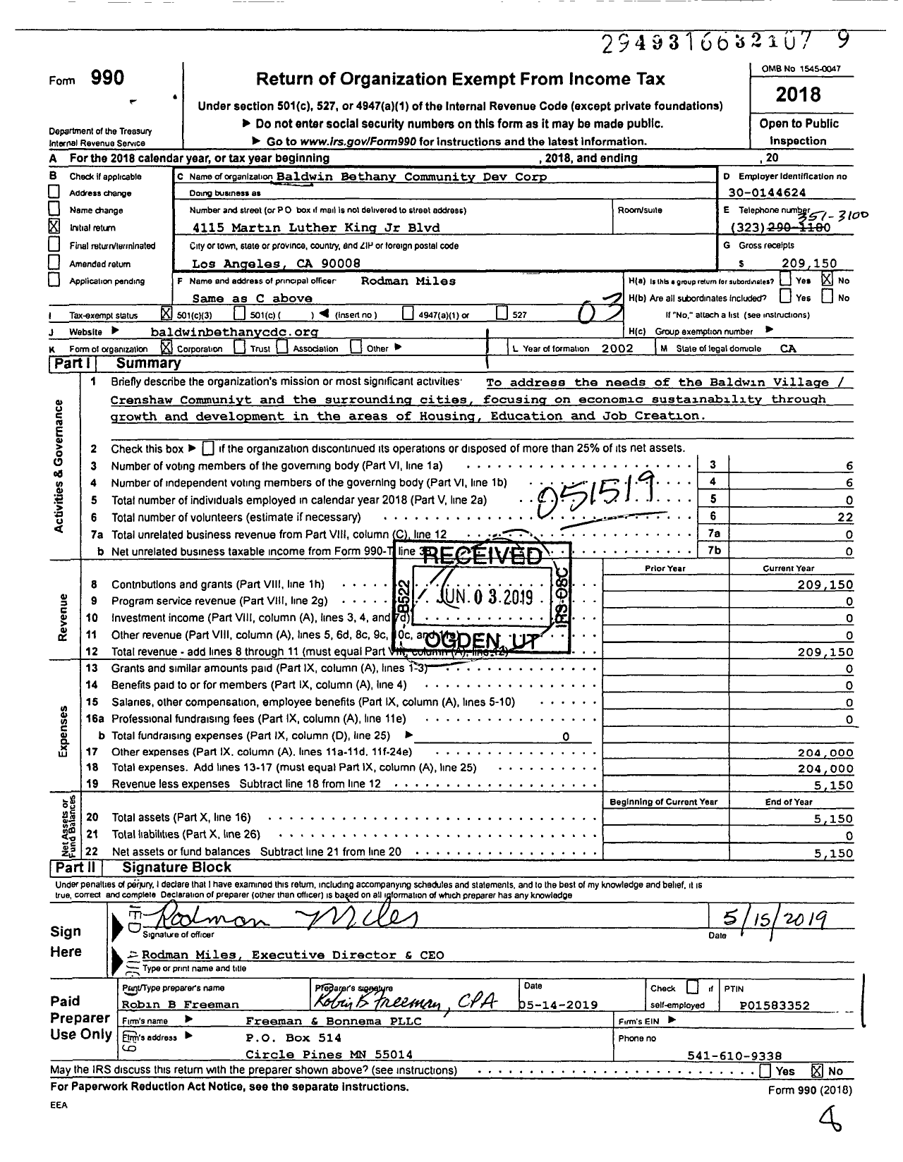 Image of first page of 2018 Form 990 for Baldwin Bethany Community Dev Corp