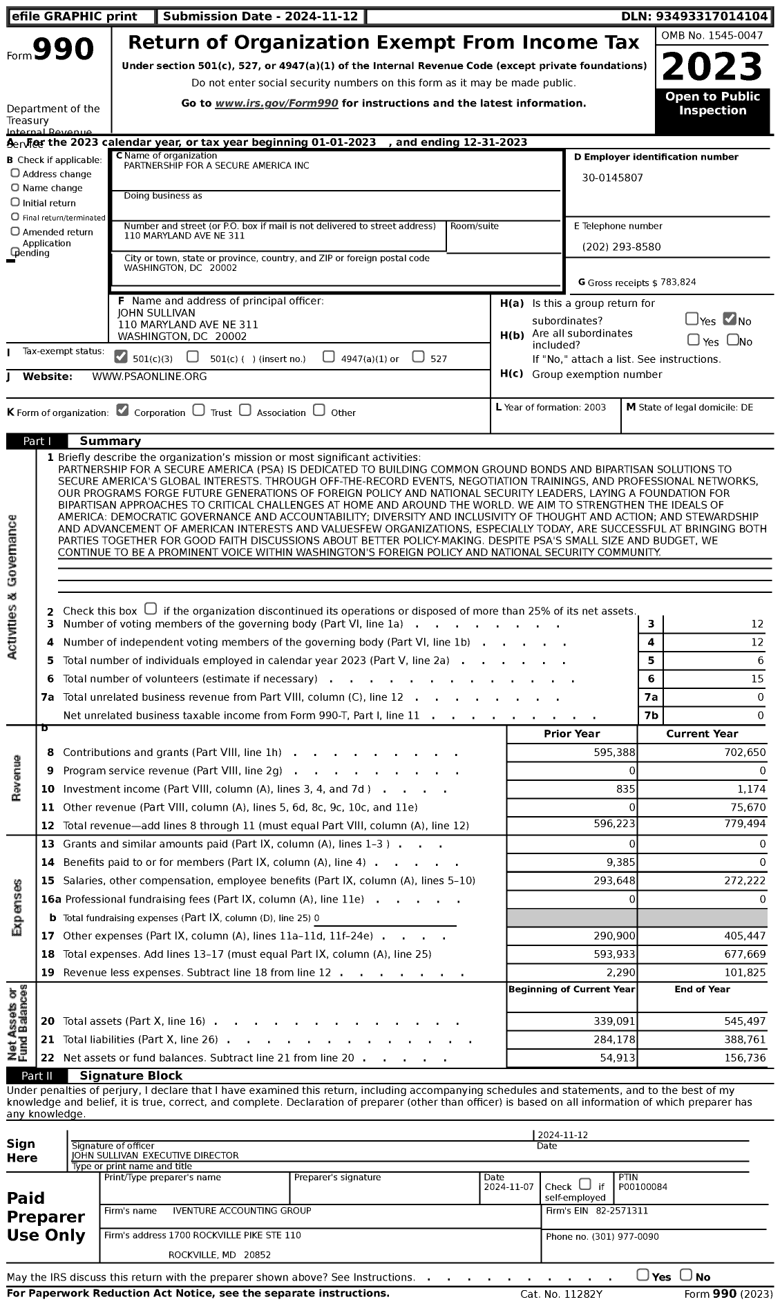 Image of first page of 2023 Form 990 for Partnership for a Secure America