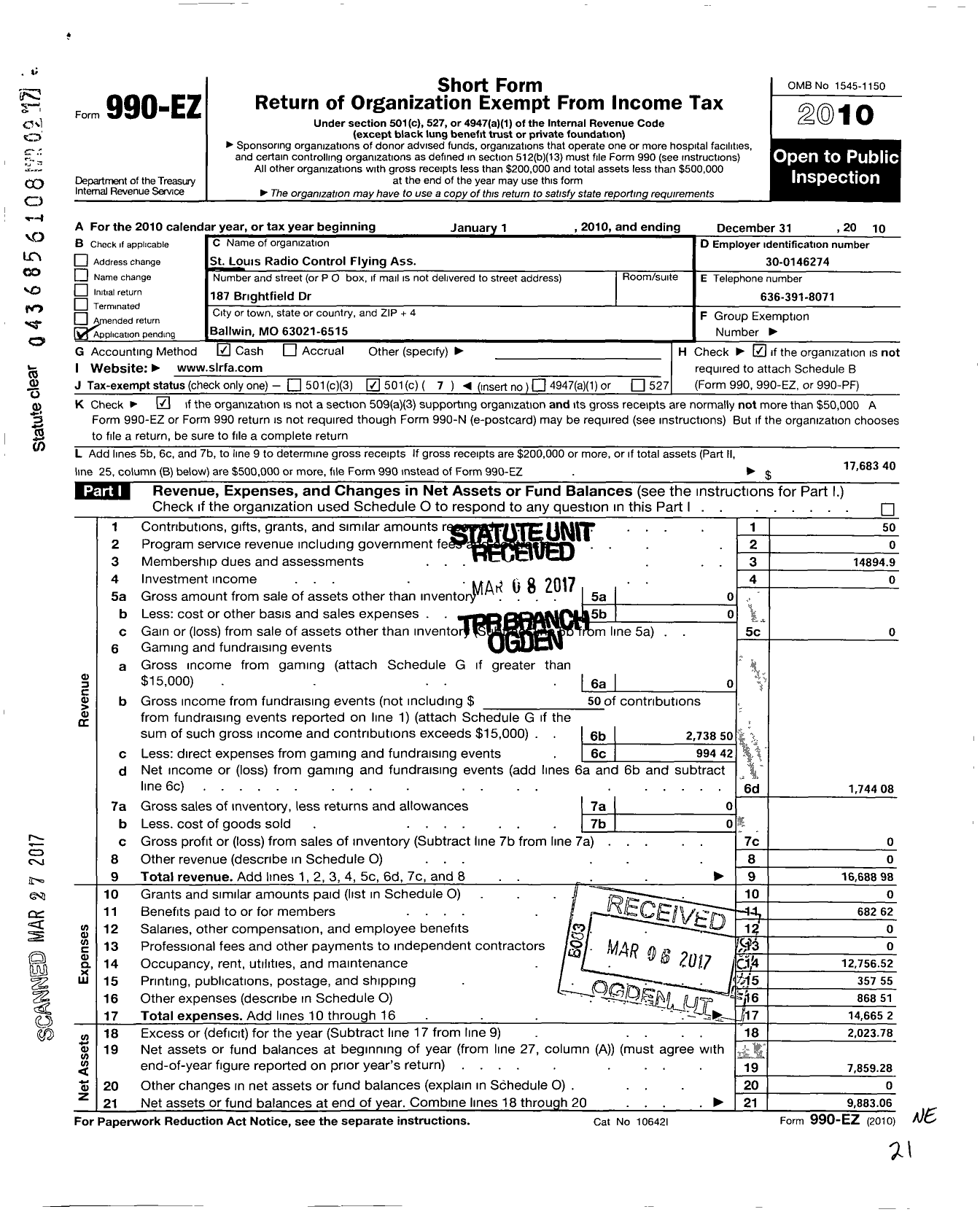 Image of first page of 2010 Form 990EO for Saint Louis Radio Control Flying Association