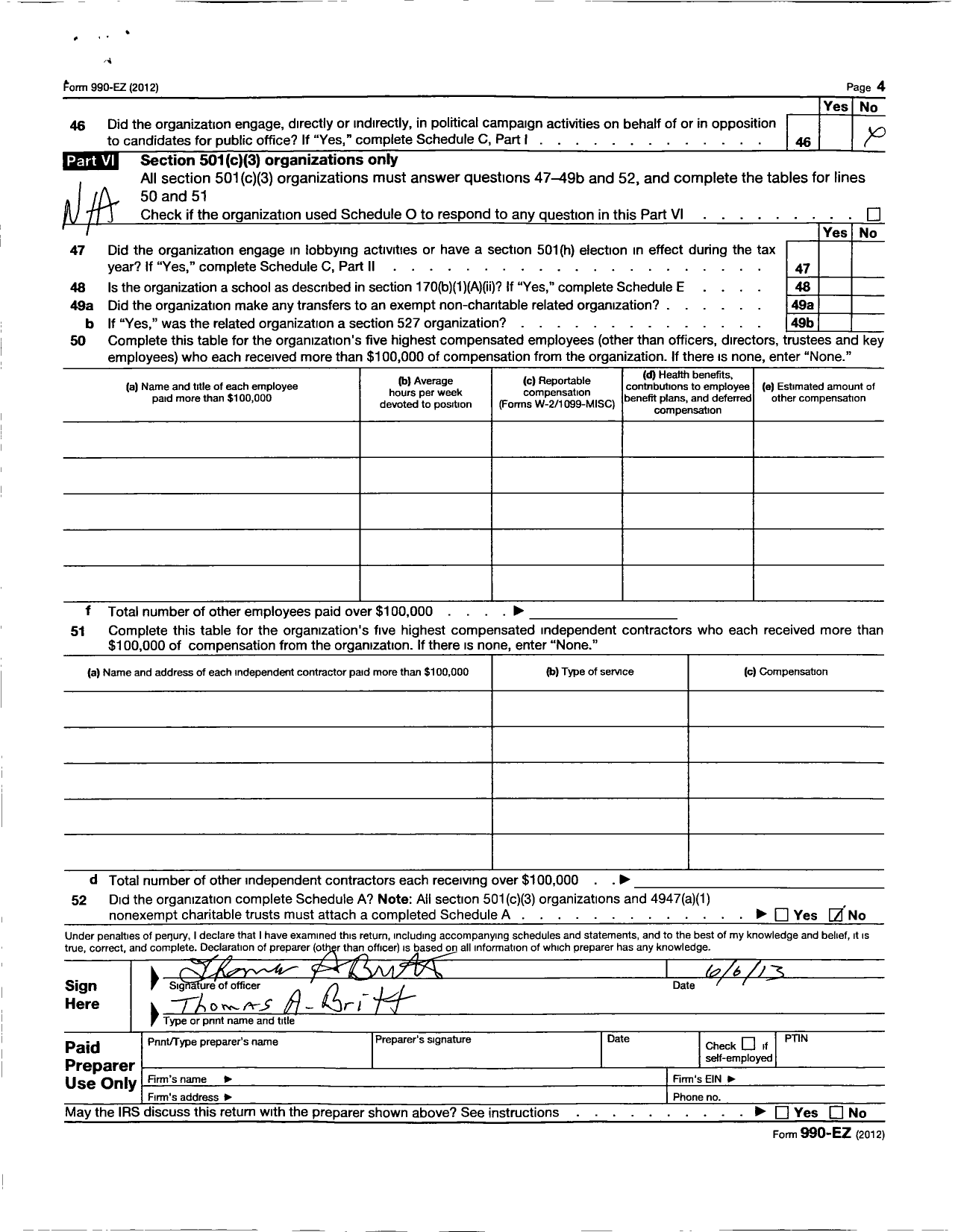 Image of first page of 2012 Form 990EO for Ancient Order of Hibernians in America - 36 Al 04