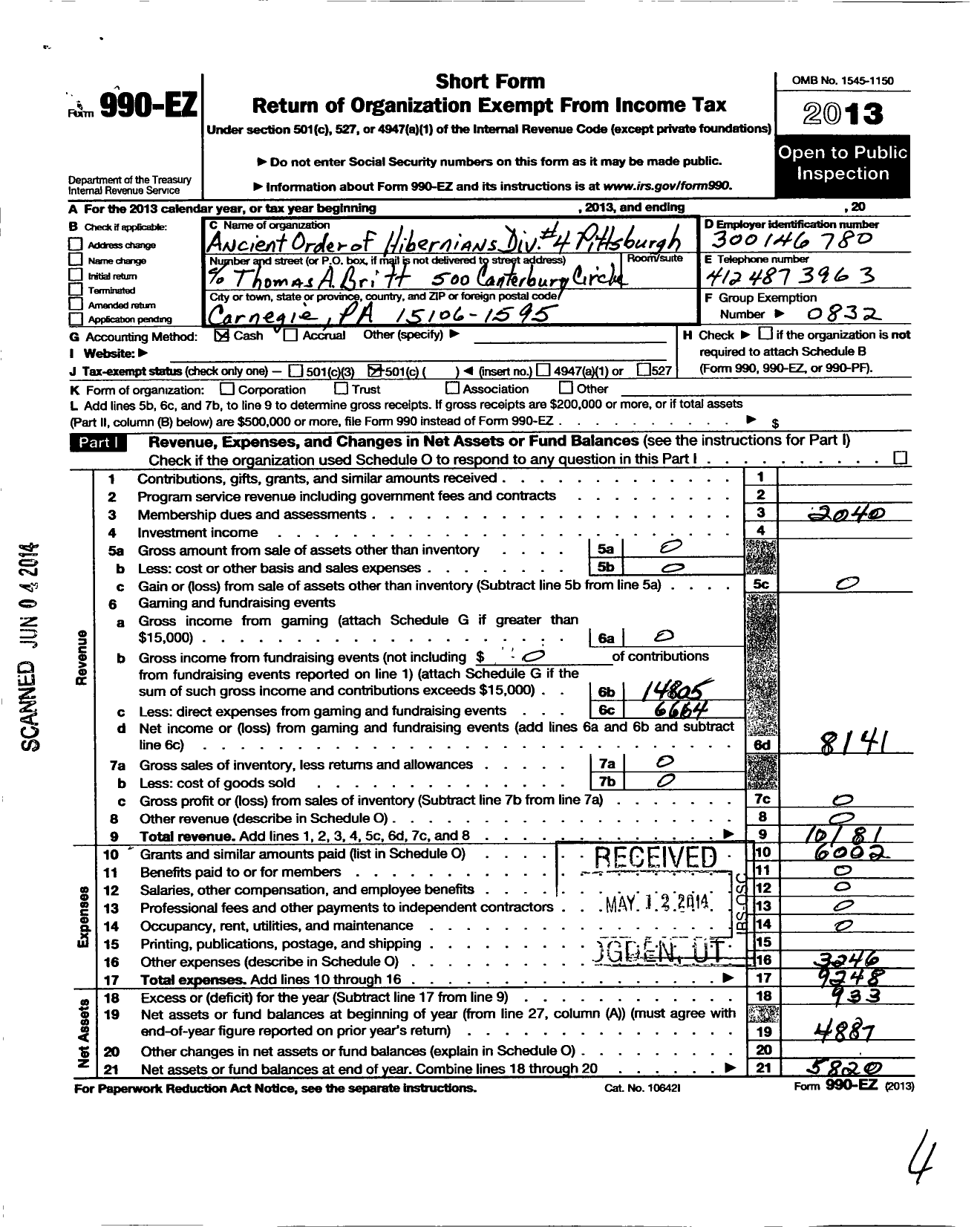 Image of first page of 2013 Form 990EO for Ancient Order of Hibernians in America - 36 Al 04