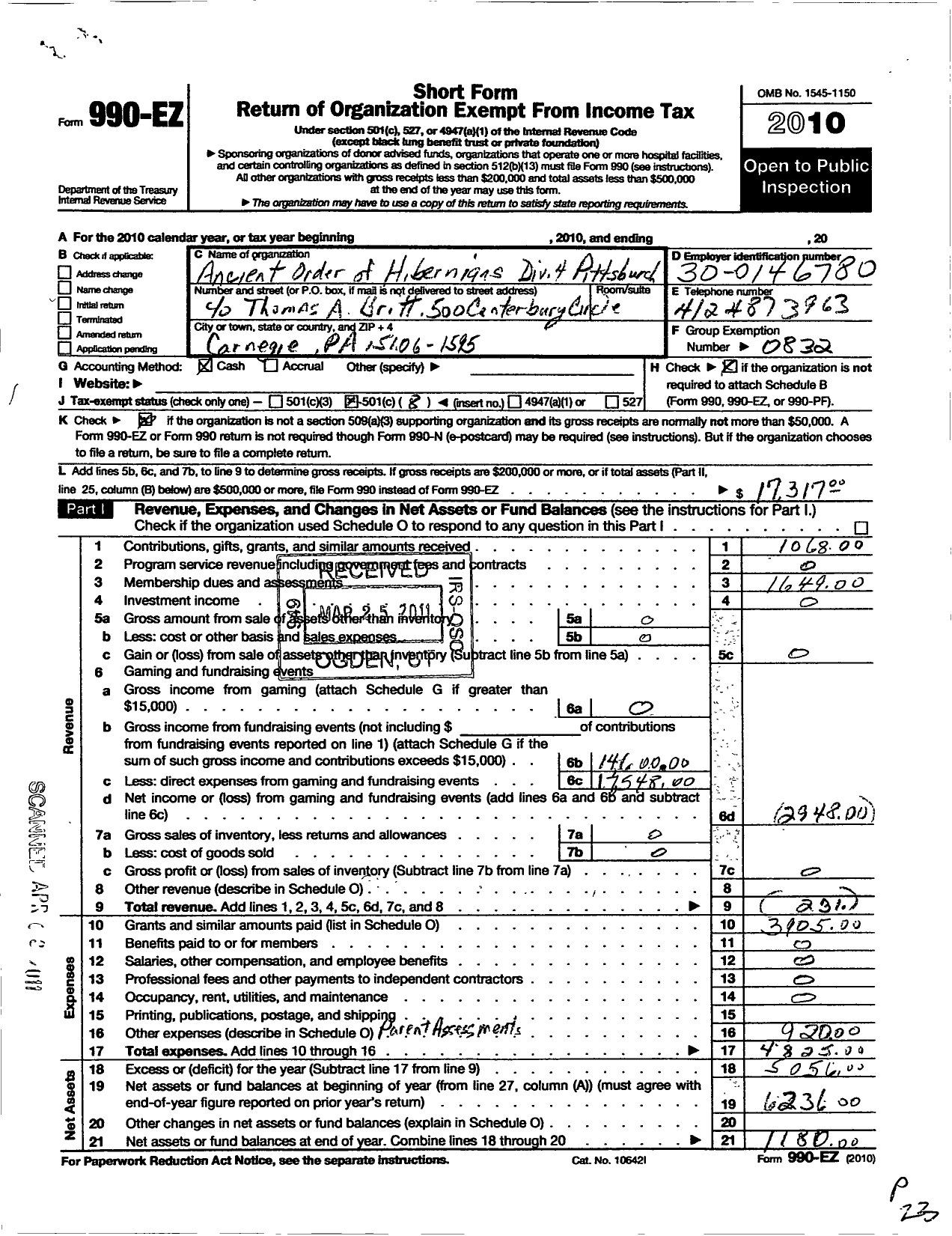 Image of first page of 2010 Form 990EO for Ancient Order of Hibernians in America - 36 Al 04