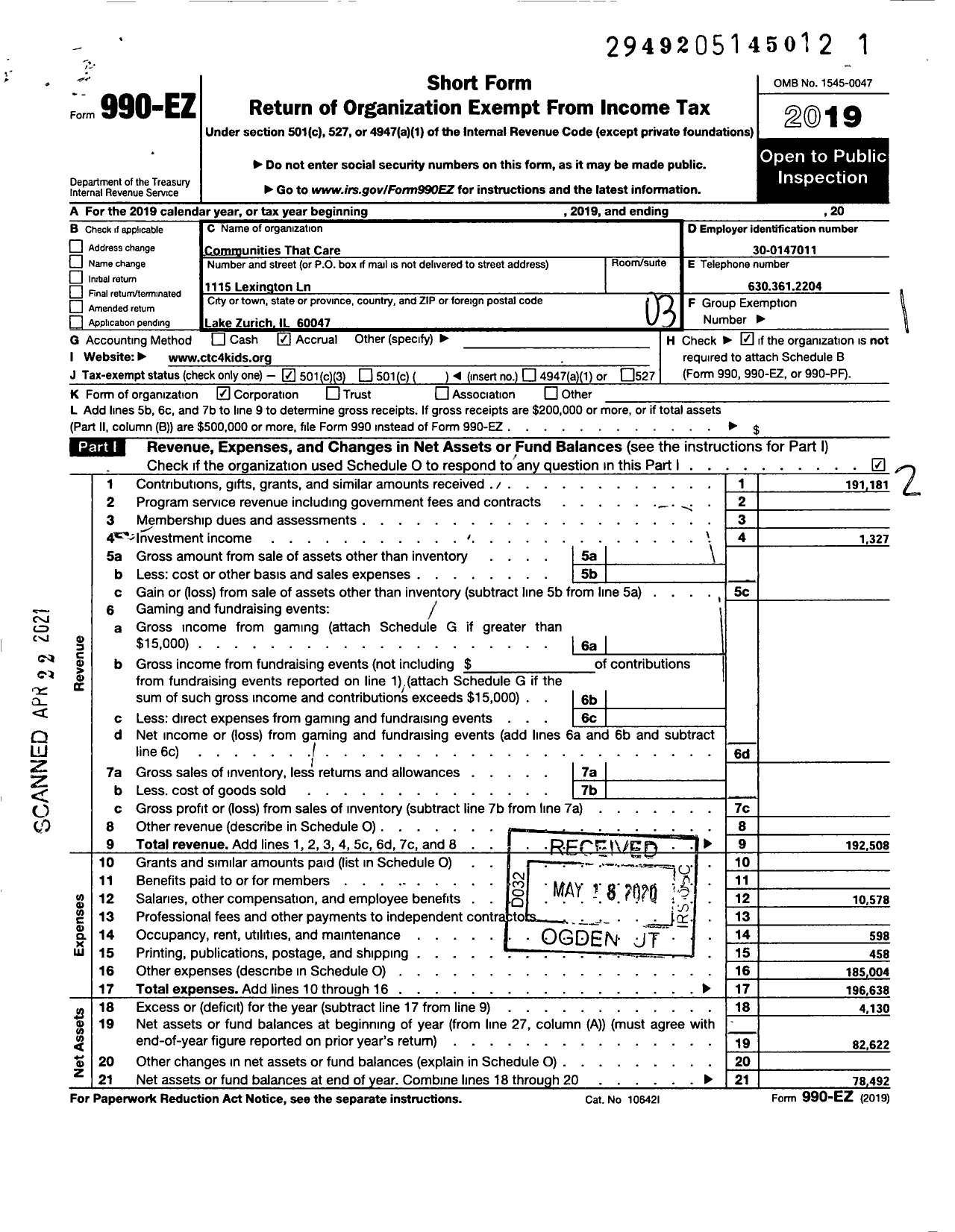 Image of first page of 2019 Form 990EZ for Communities That Care