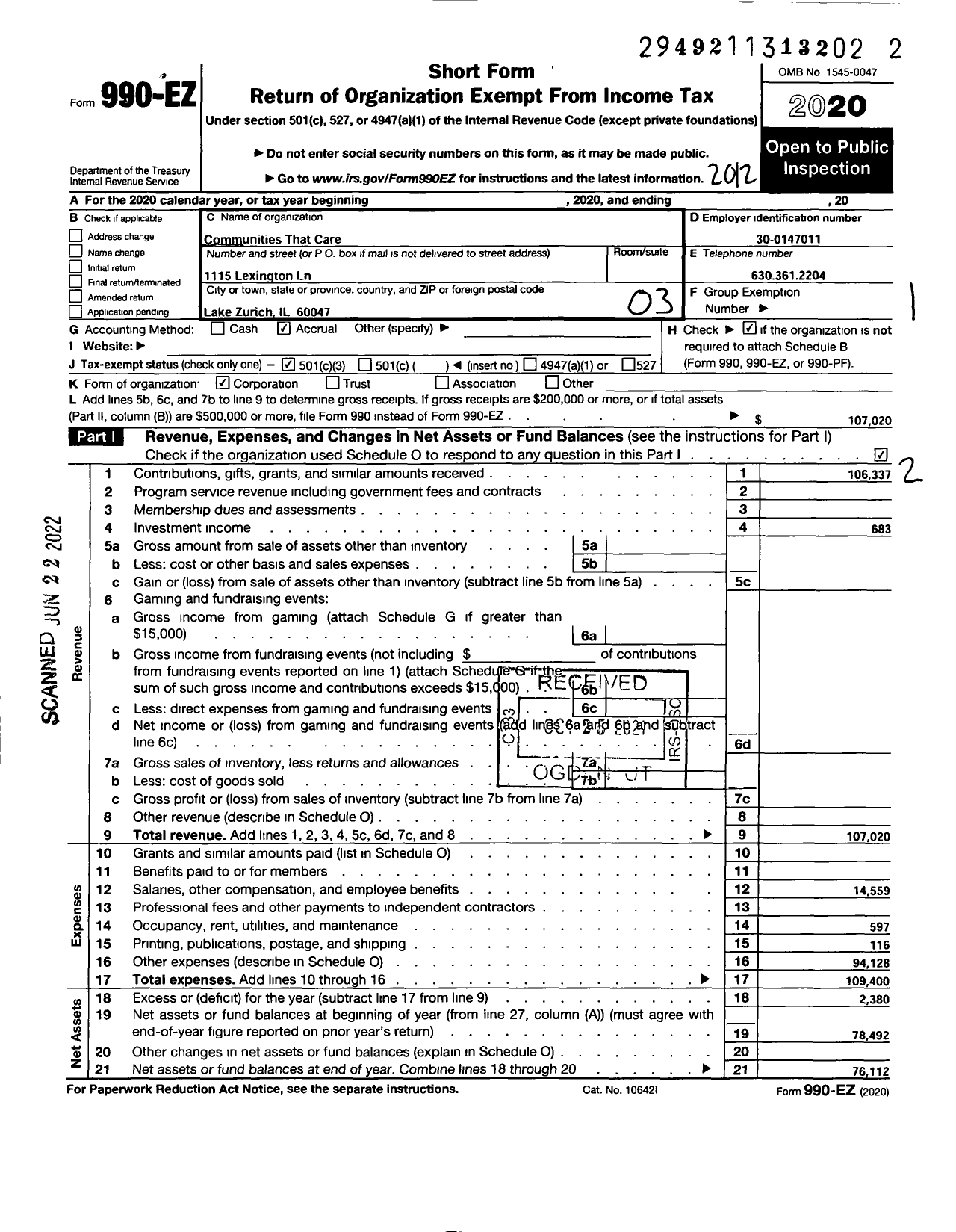 Image of first page of 2020 Form 990EZ for Communities That Care