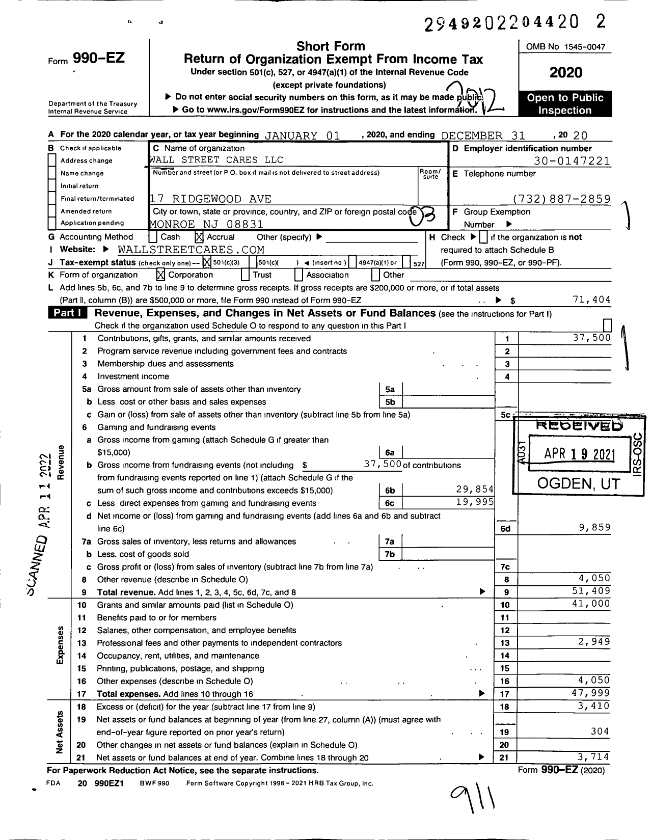 Image of first page of 2020 Form 990EZ for Wall Street Cares LLC