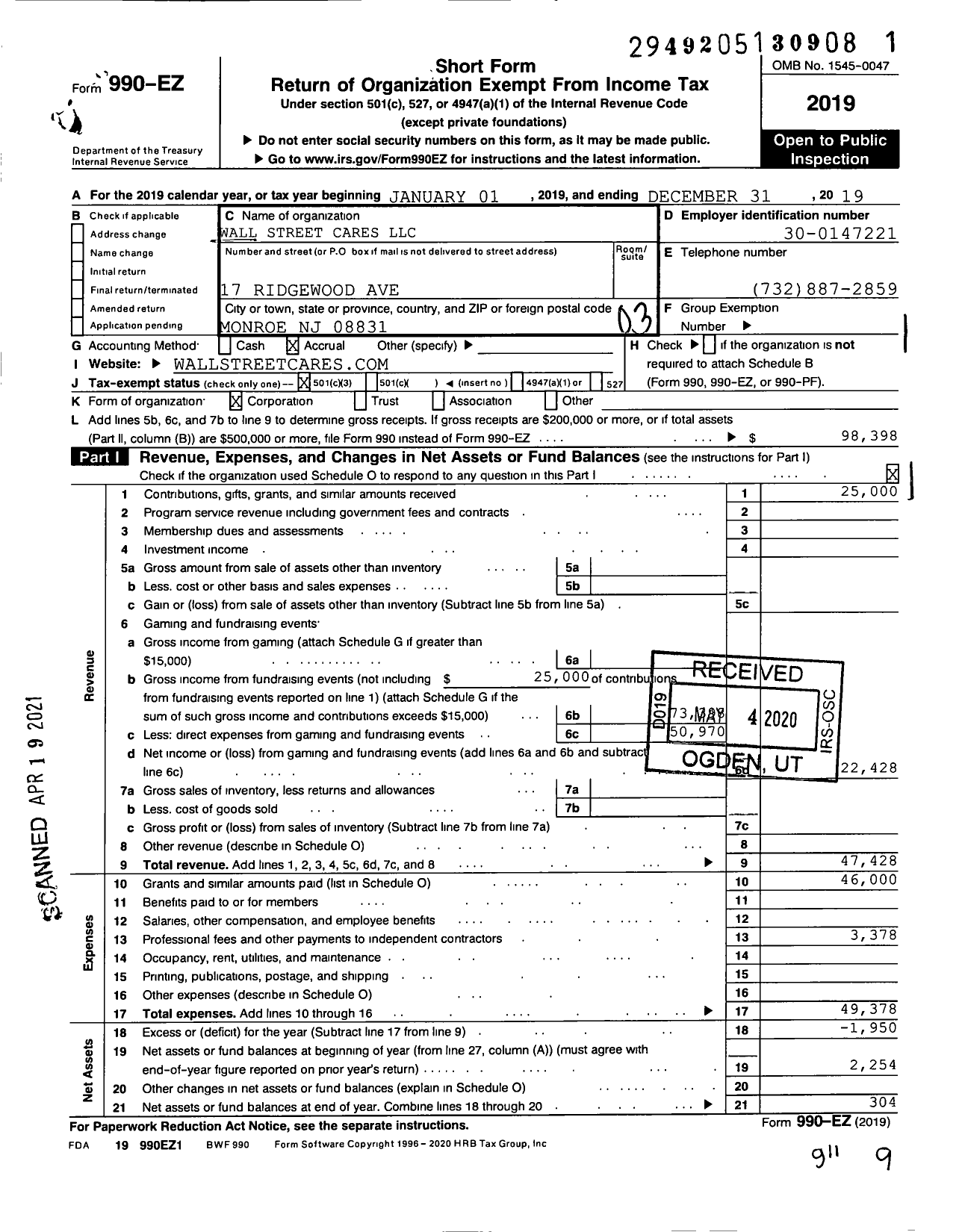 Image of first page of 2019 Form 990EZ for Wall Street Cares LLC