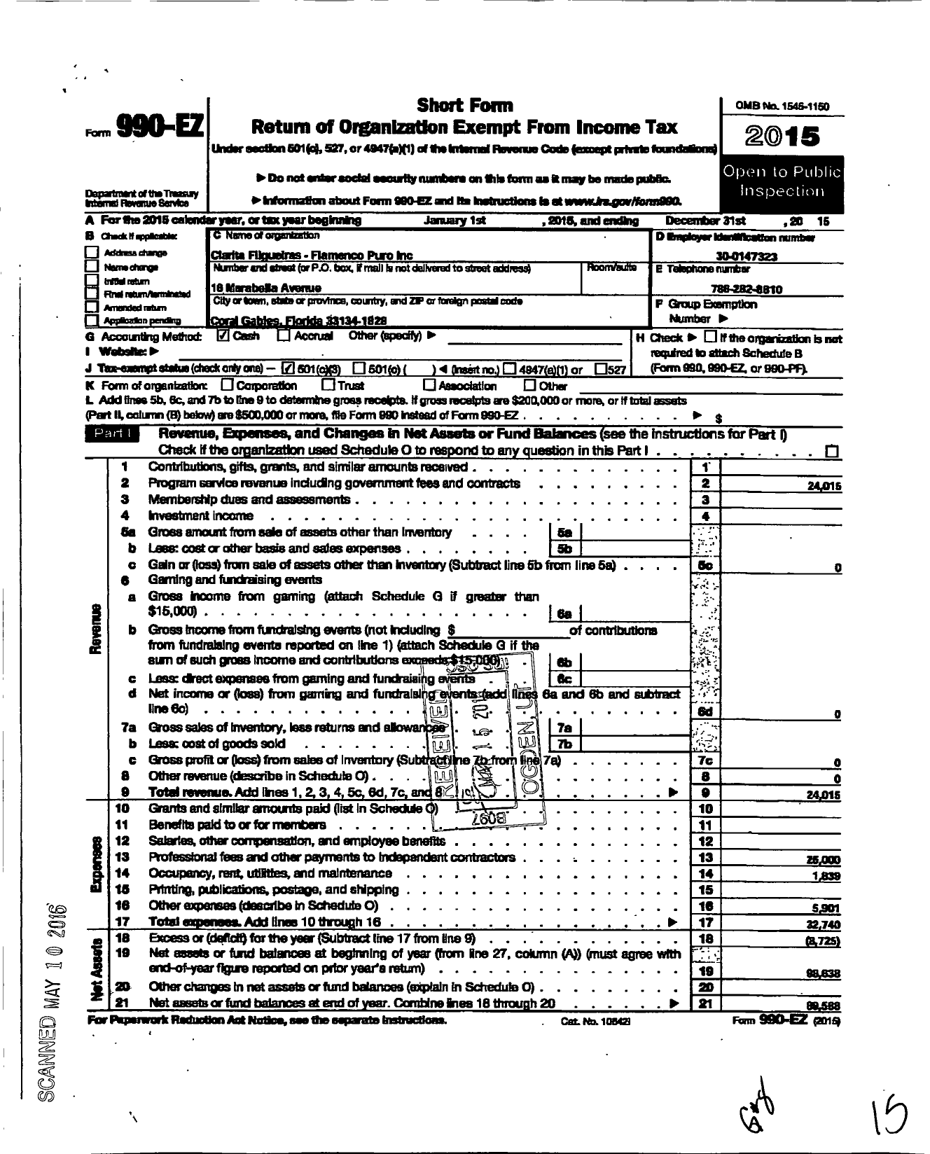 Image of first page of 2015 Form 990EZ for North American Folk Music and Dance Alliance / Flamenco Puro Inc