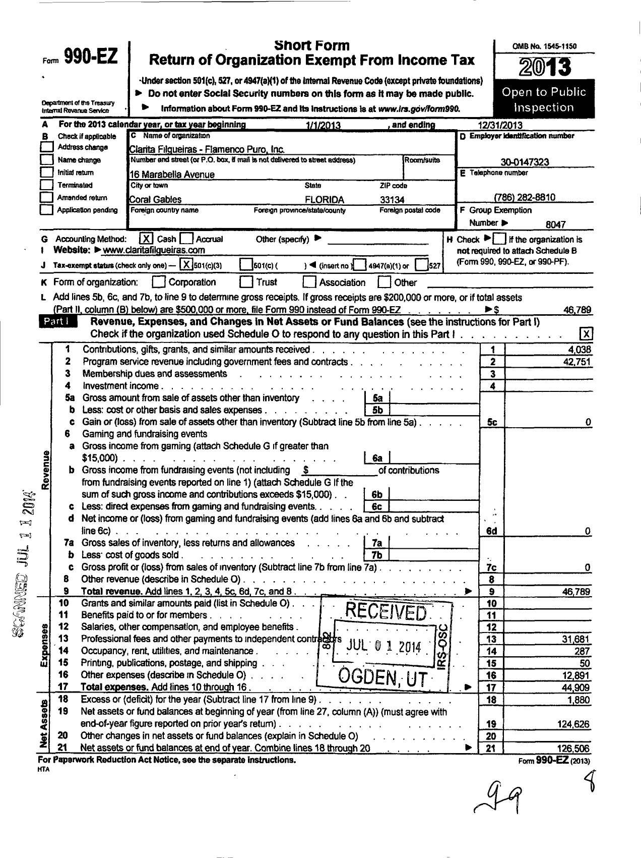 Image of first page of 2013 Form 990EZ for North American Folk Music and Dance Alliance / Flamenco Puro Inc