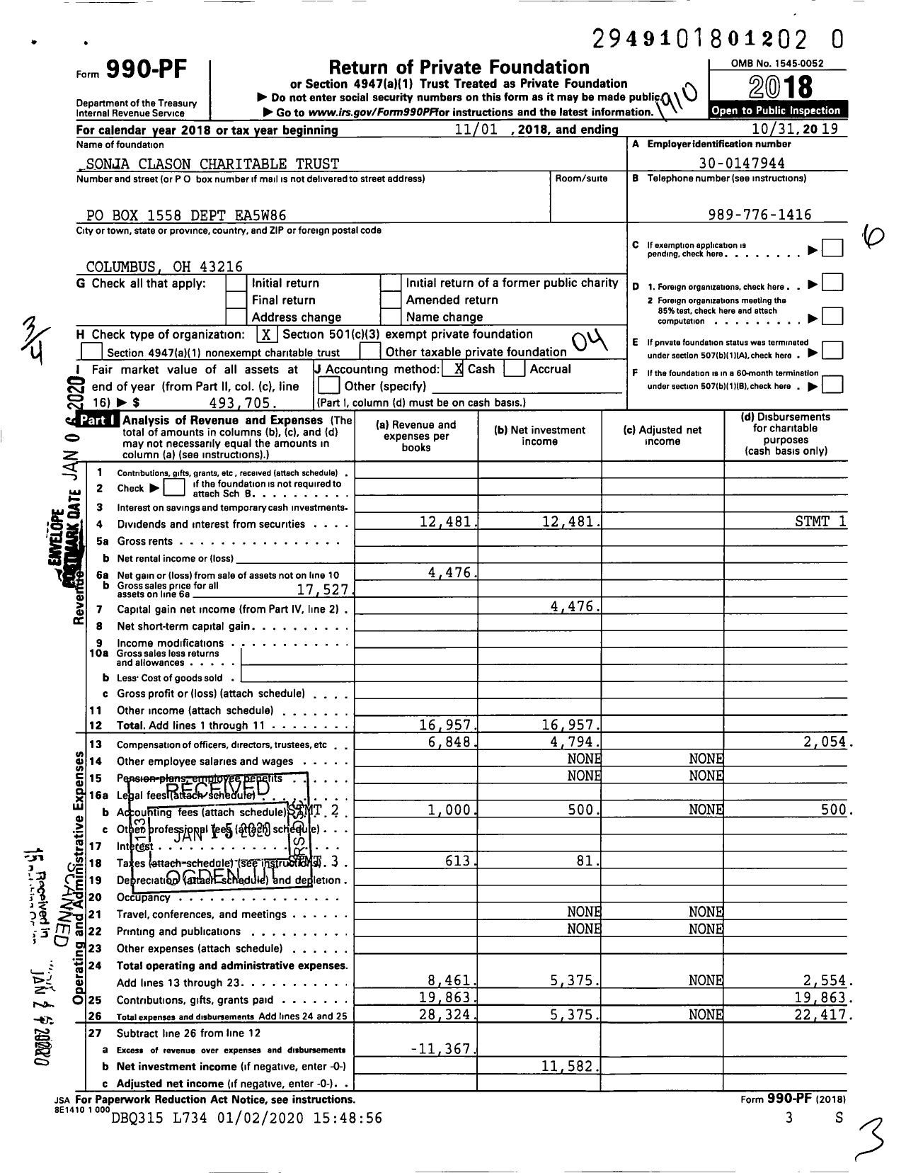 Image of first page of 2018 Form 990PR for Sonja Clason Charitable Trust