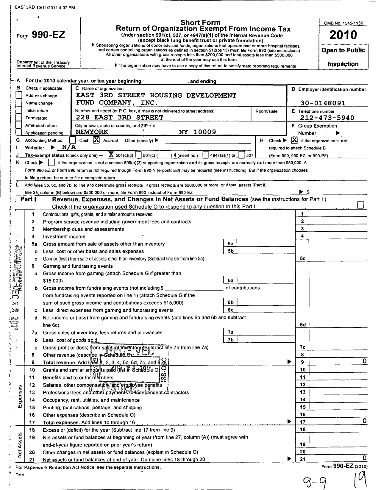 Image of first page of 2010 Form 990EZ for East 3rd Street Housing Development Fund Company
