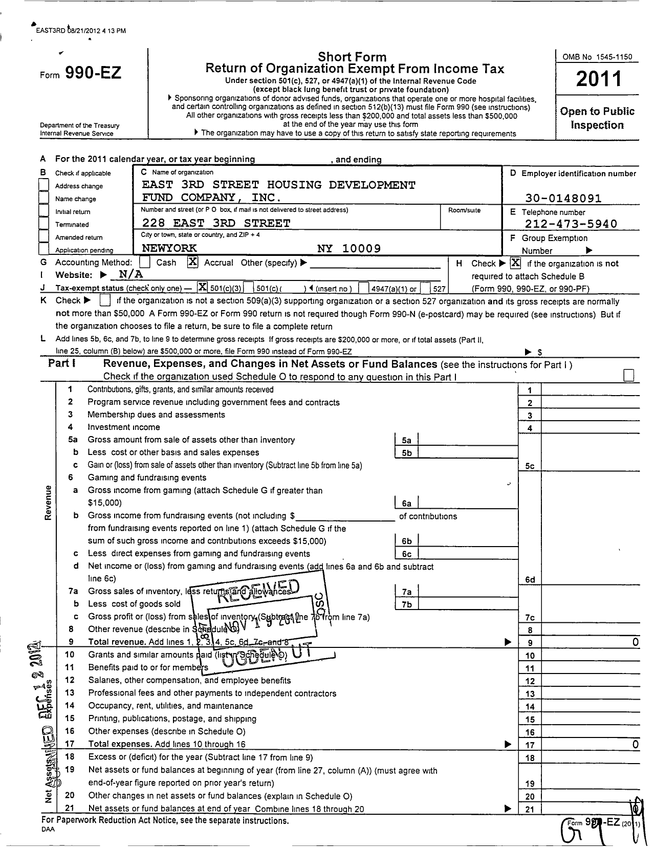Image of first page of 2011 Form 990EZ for East 3rd Street Housing Development Fund Company