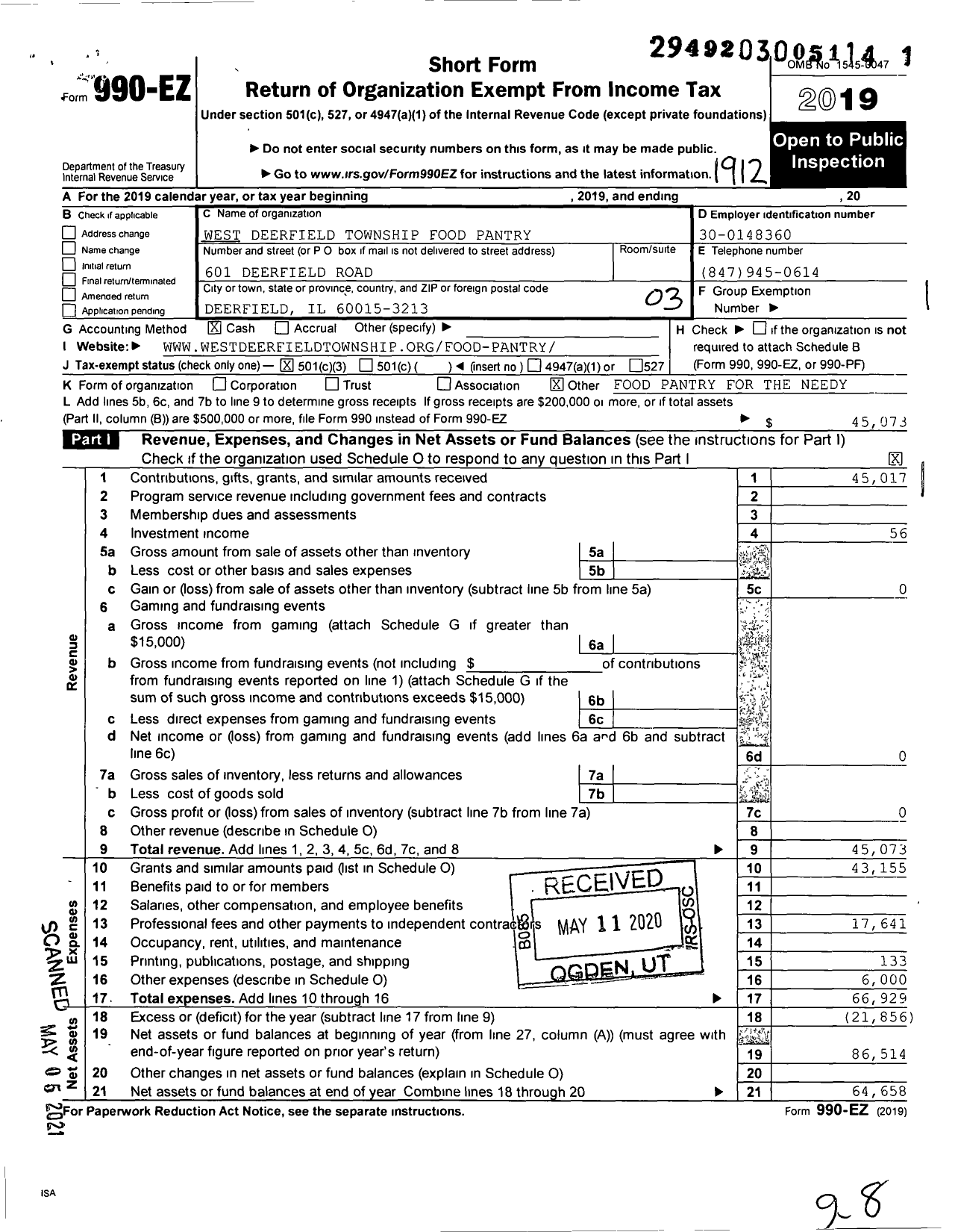 Image of first page of 2019 Form 990EZ for West Deerfield Township Food Pantry