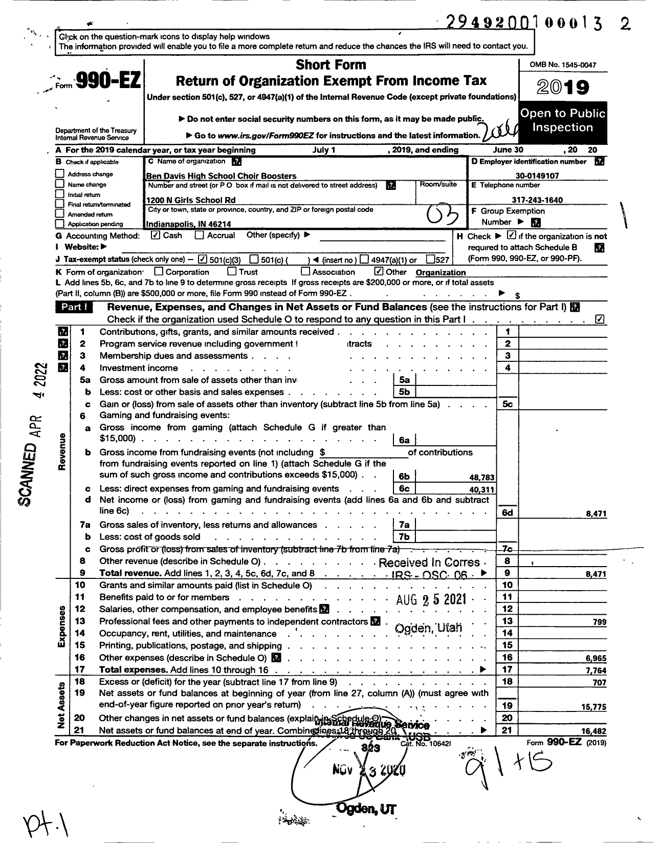 Image of first page of 2019 Form 990EZ for Ben Davis Choir Boosters