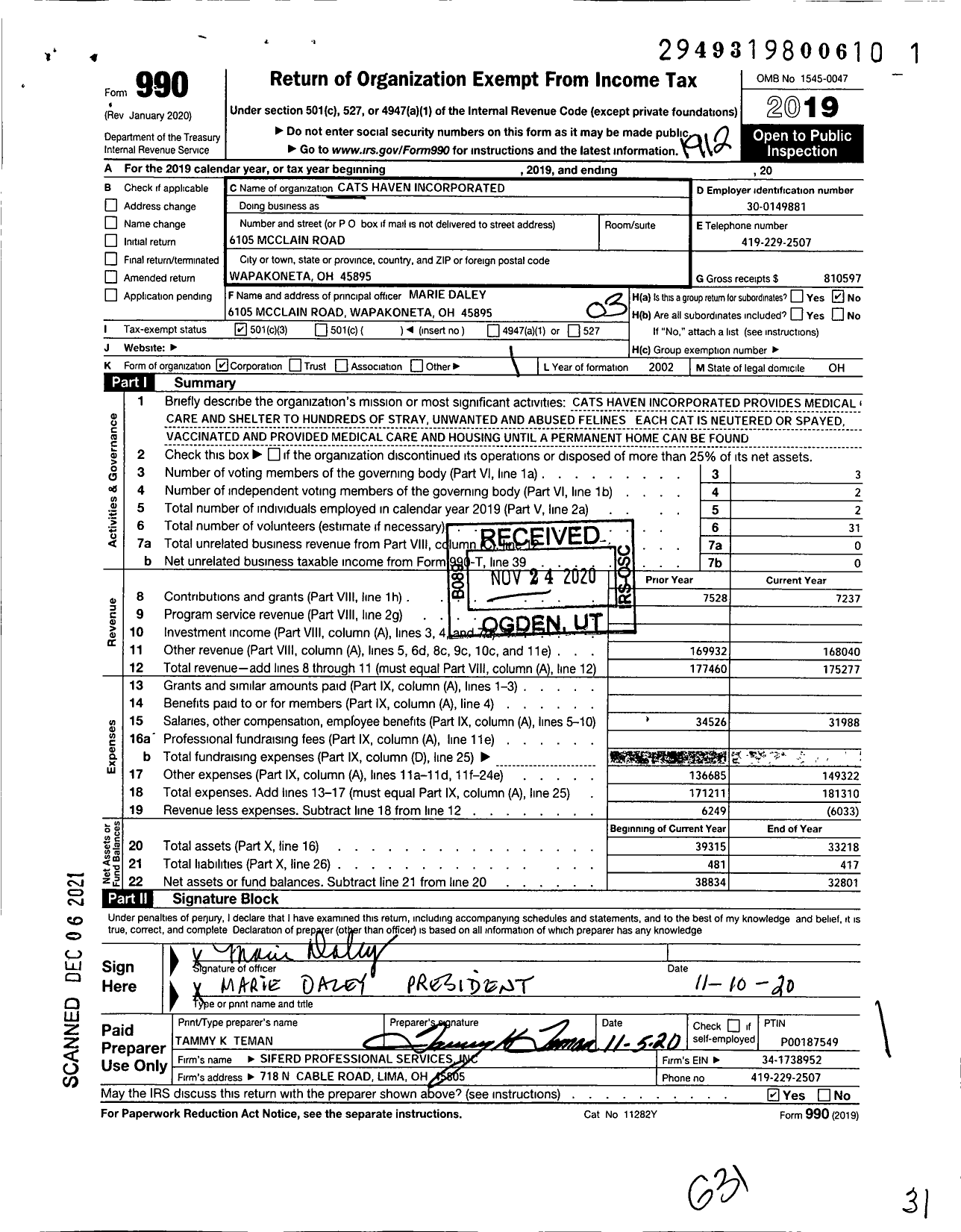 Image of first page of 2019 Form 990 for Cats Haven Incorporated