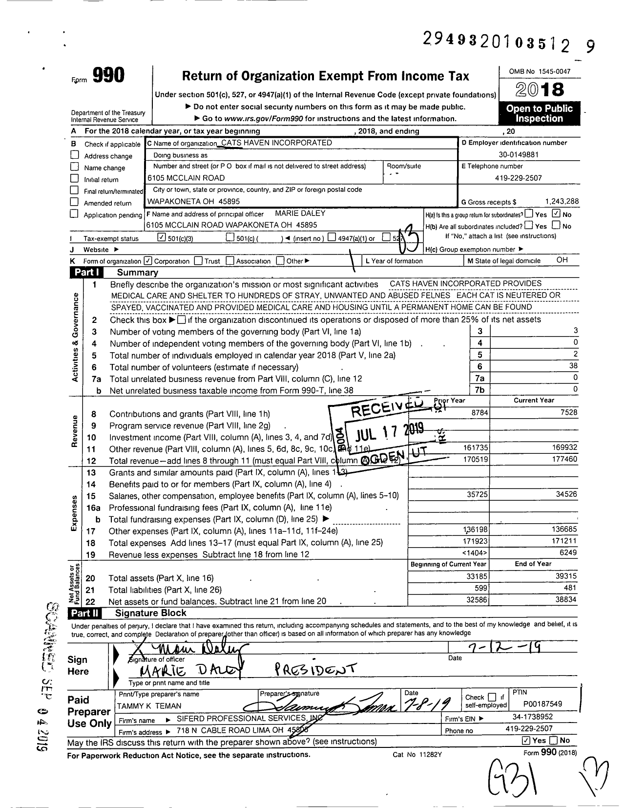 Image of first page of 2018 Form 990 for Cats Haven Incorporated