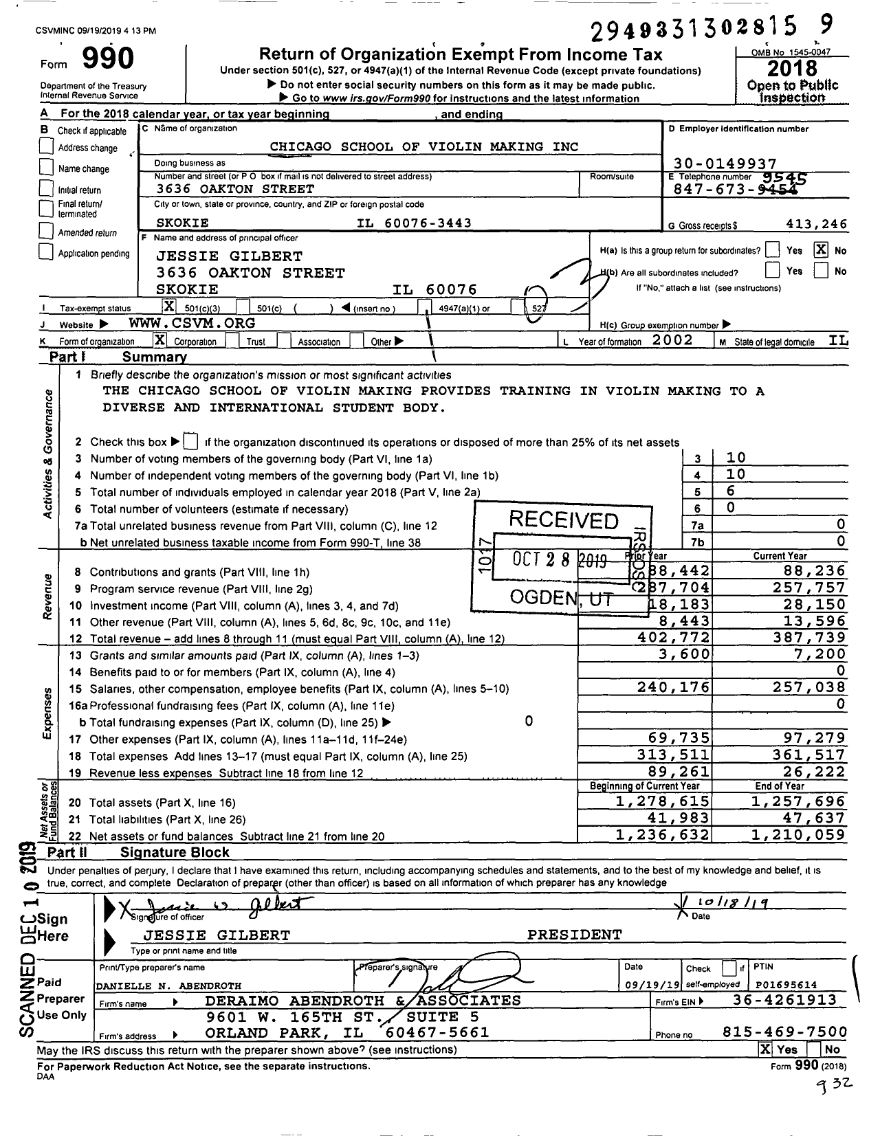 Image of first page of 2018 Form 990 for Chicago School of Violin Making