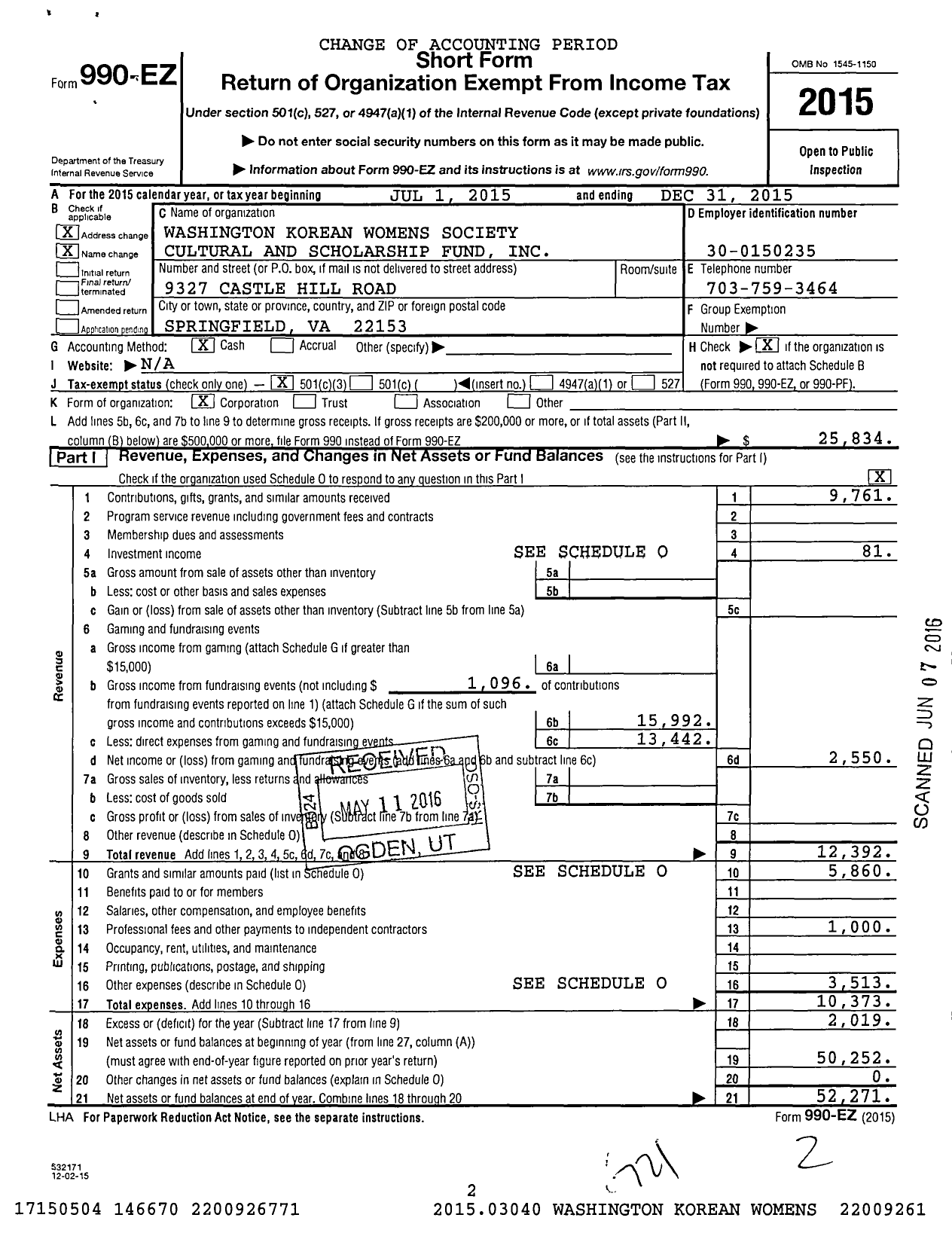 Image of first page of 2015 Form 990EZ for Washington Korean Womens Society Cultural and Scholarship Fund