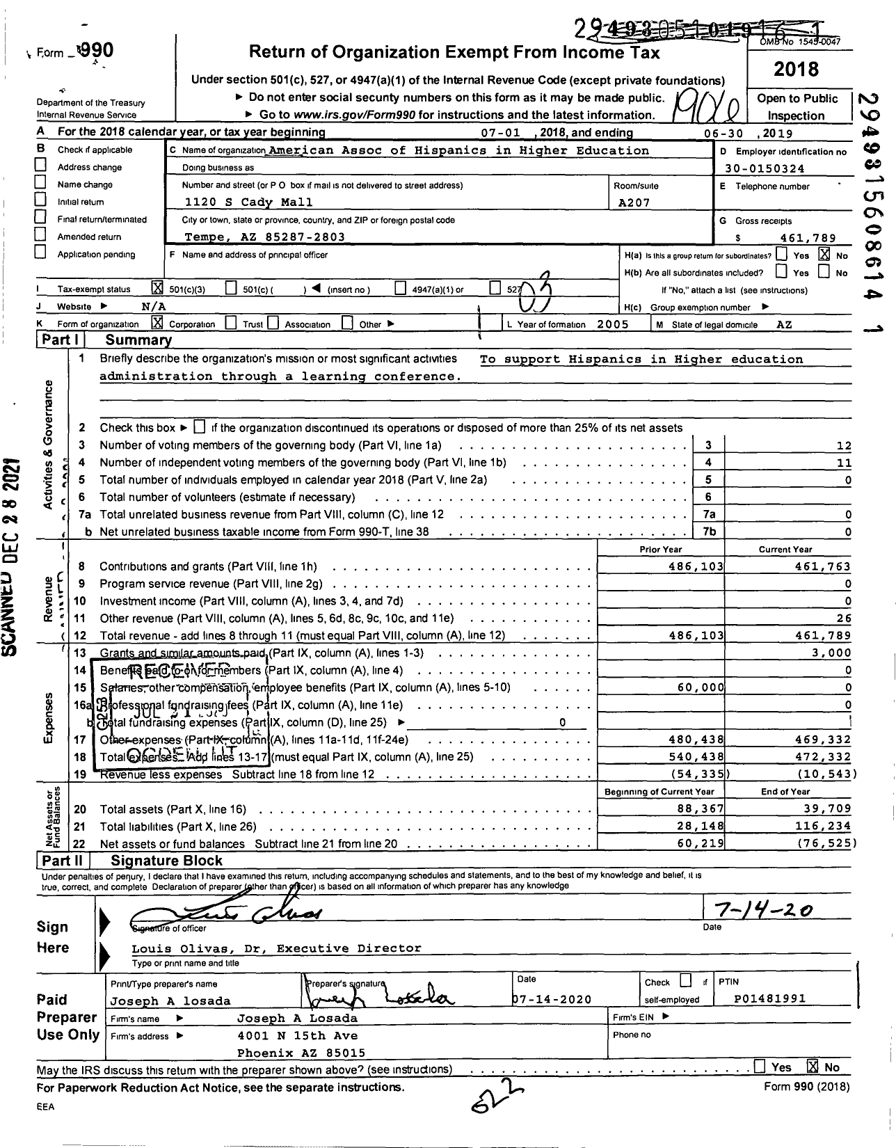 Image of first page of 2018 Form 990 for American Association of Hispanics in Higher Education