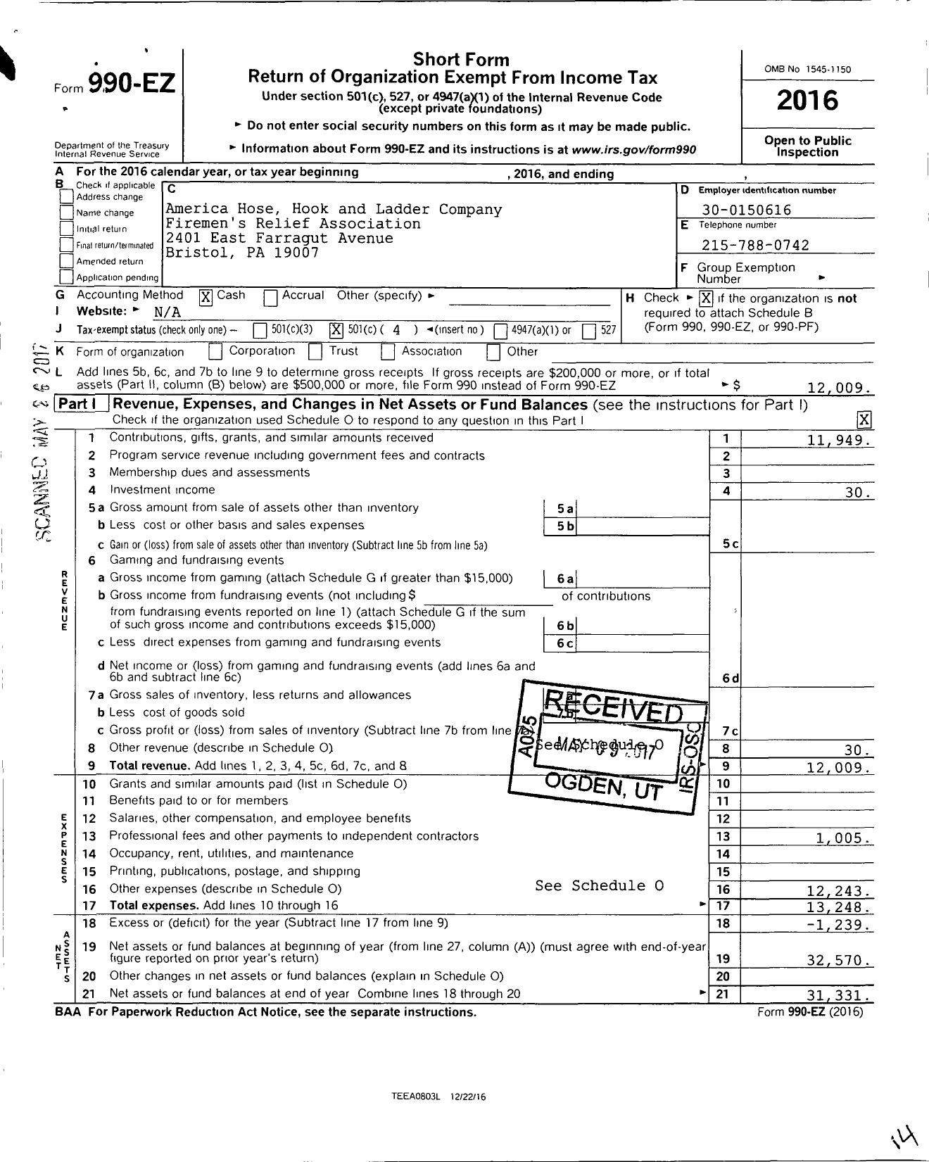 Image of first page of 2016 Form 990EO for America Hose Hook and Ladder Company Firemens Relief Association