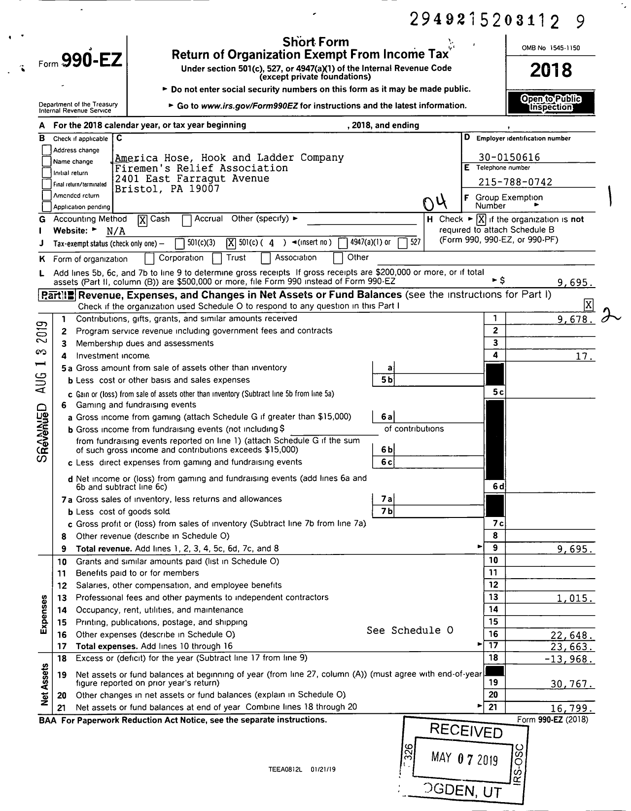 Image of first page of 2018 Form 990EO for America Hose Hook and Ladder Company Firemens Relief Association