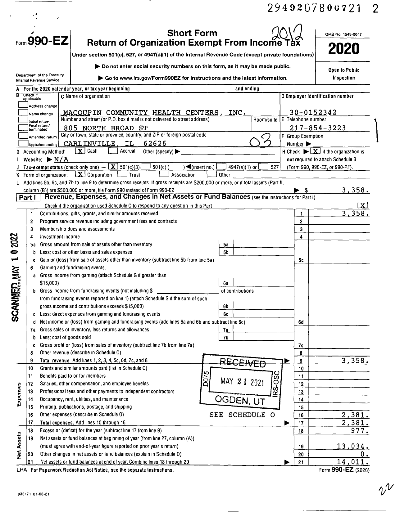 Image of first page of 2020 Form 990EZ for Macoupin Community Health Centers