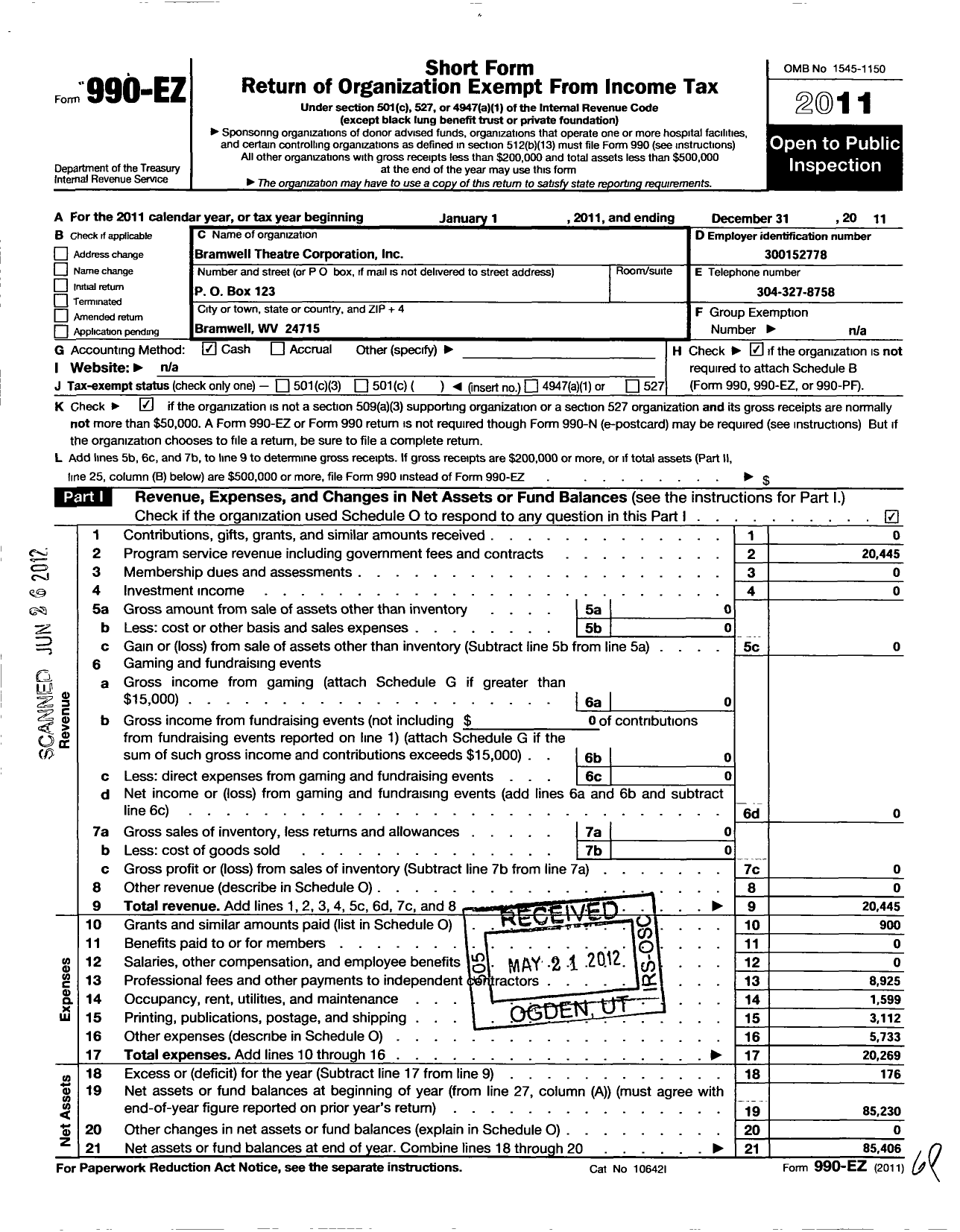 Image of first page of 2011 Form 990EO for Bramwell Theatre Corporation