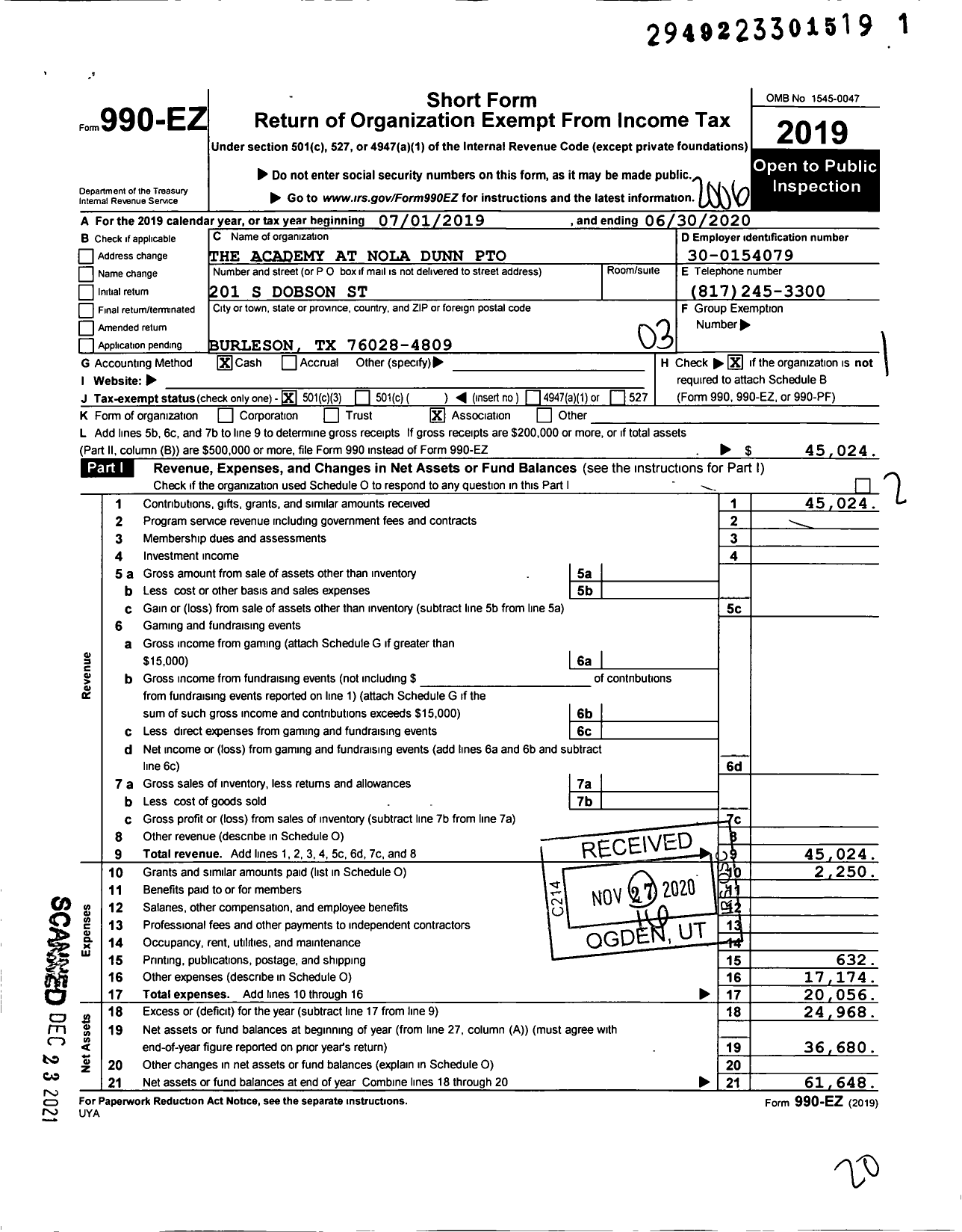 Image of first page of 2019 Form 990EZ for The Academy at Nola Dunn Pto