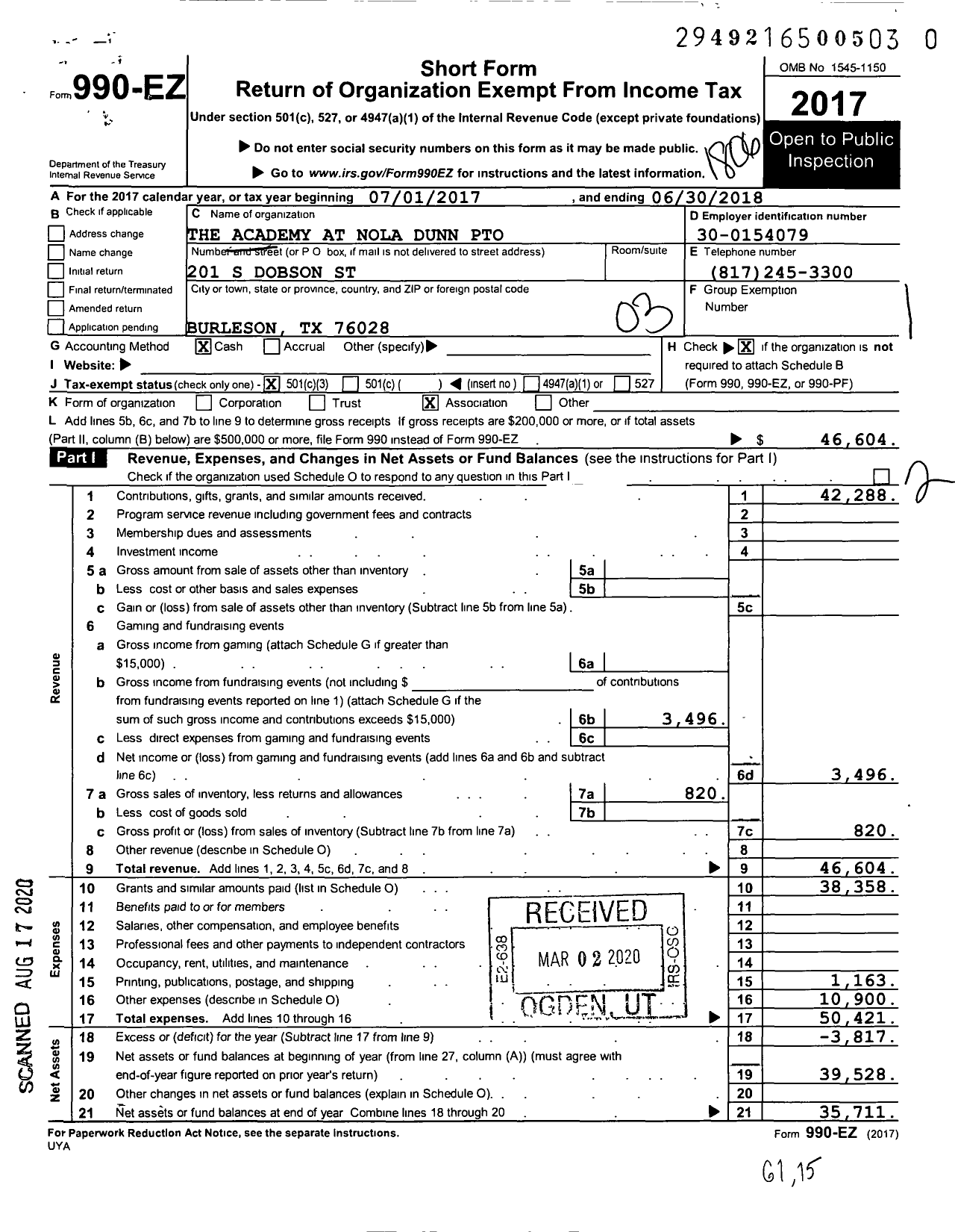 Image of first page of 2017 Form 990EZ for The Academy at Nola Dunn Pto