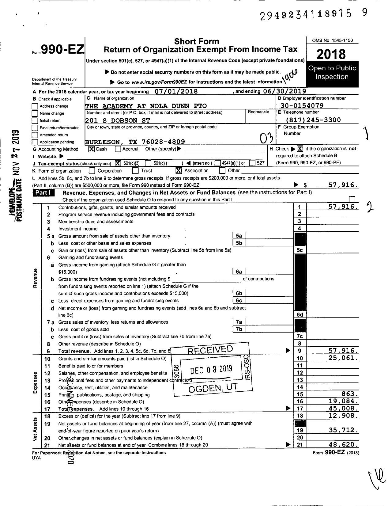 Image of first page of 2018 Form 990EZ for The Academy at Nola Dunn Pto