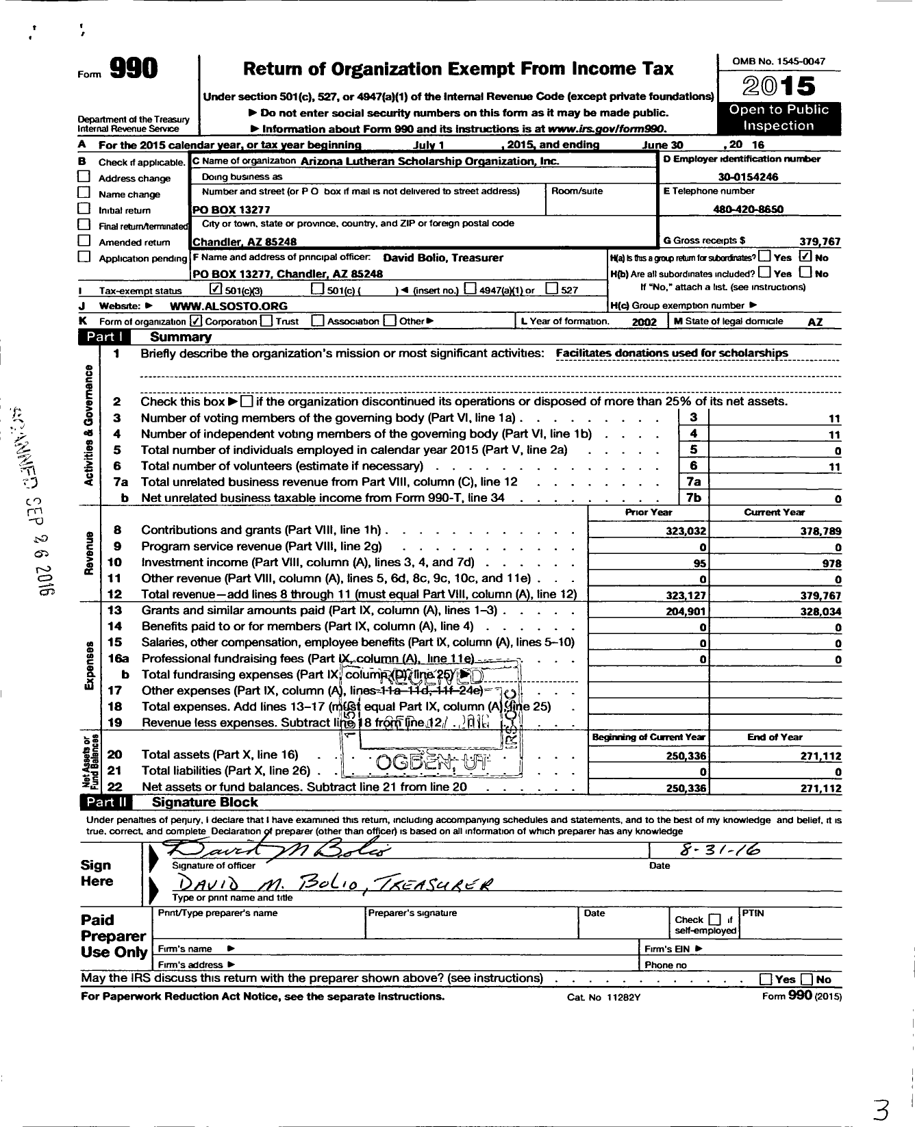 Image of first page of 2015 Form 990 for Arizona Lutheran Scholarship Organization (ALSO)