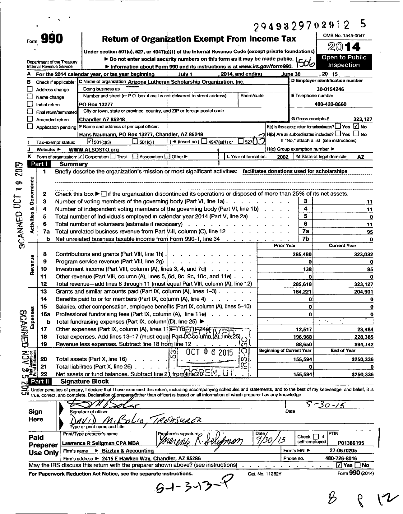 Image of first page of 2014 Form 990 for Arizona Lutheran Scholarship Organization (ALSO)