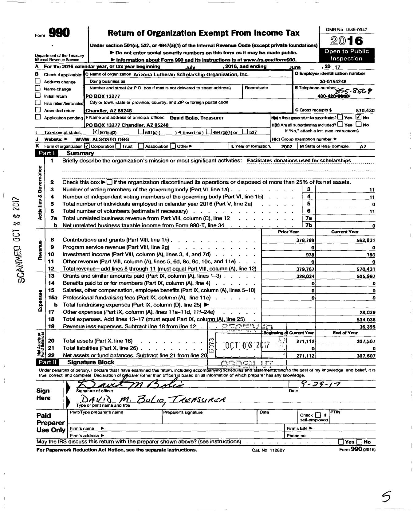 Image of first page of 2016 Form 990 for Arizona Lutheran Scholarship Organization (ALSO)