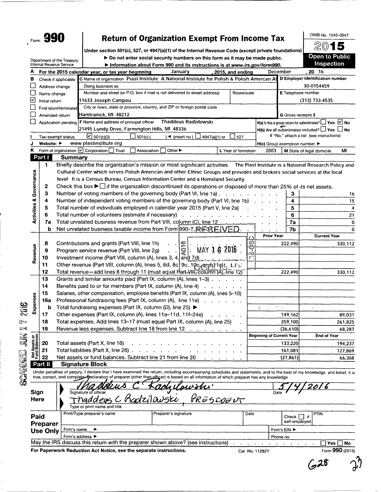 Image of first page of 2016 Form 990 for Piast Institute A National Institute for Polish & Polish American Affairs