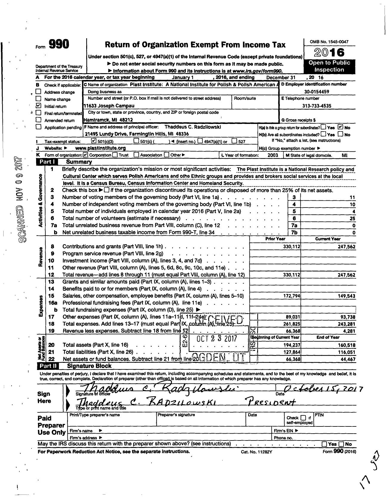 Image of first page of 2016 Form 990 for Piast Institute A National Institute for Polish & Polish American Affairs